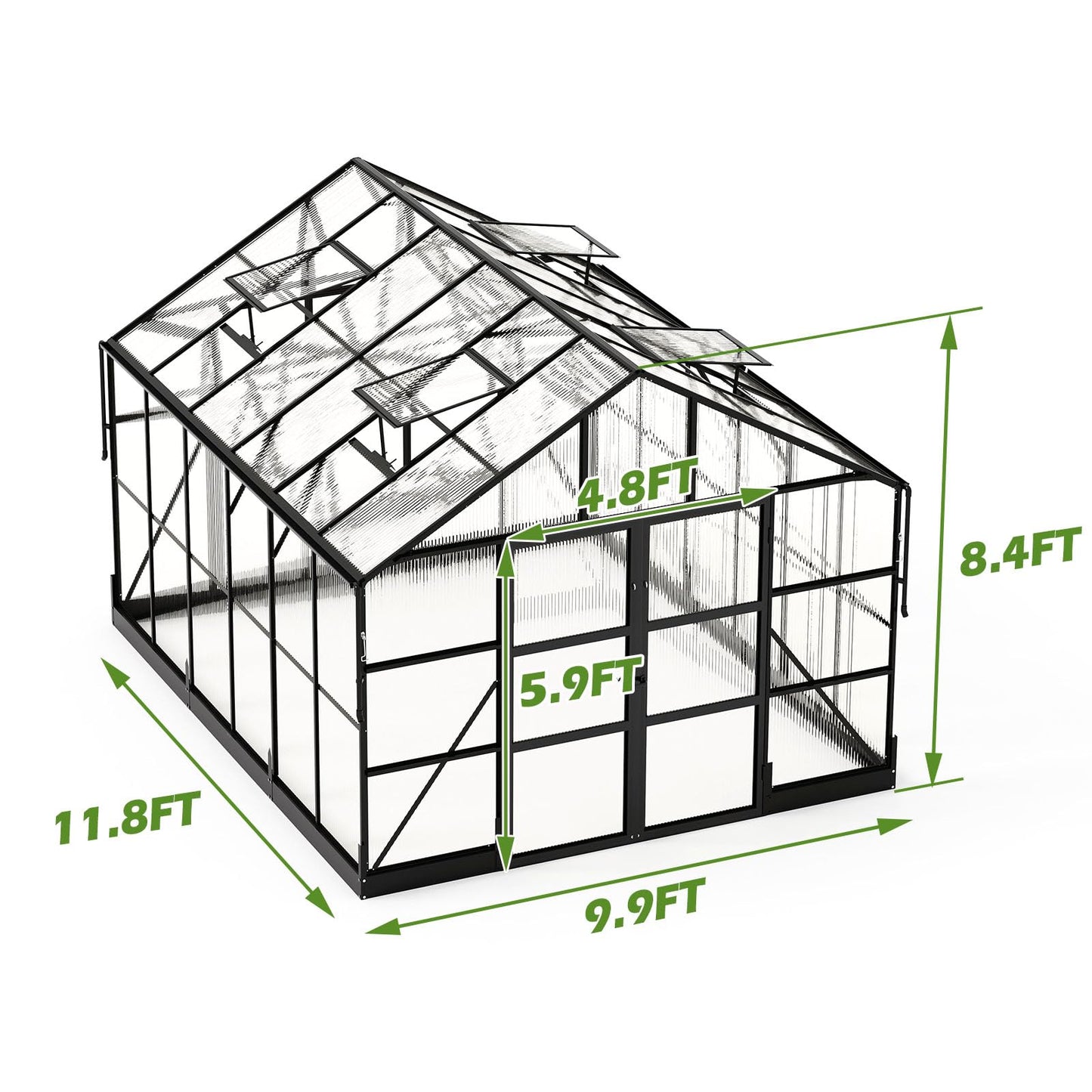 AMERLIFE 10x18x8.4 FT Polycarbonate Greenhouse with 4 Roof Vents & Rain Gutter, Heavy Duty Aluminum Greenhouse for Outdoor Garden Backyard, Black