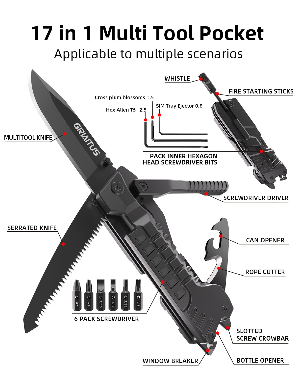 Multitool Knife 17 in 1Fire Starting Sticks, Bottle Opener, Saw Screwdrivers Bottle Opener, Whistle, Window Breaker and More -Perfect for Camping, Outdoor, Survival and Everyday Use,Gifts for Men Dad