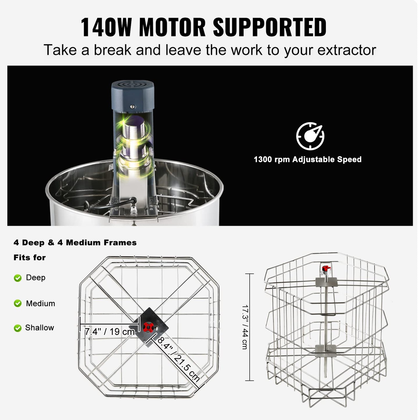 VEVOR Electric Honey Extractor, 2/4 Frame Stainless Steel Beekeeping Extraction, Honeycomb Drum Spinner with Transparent Lid, Apiary Centrifuge Equipment with Height Adjustable Stand