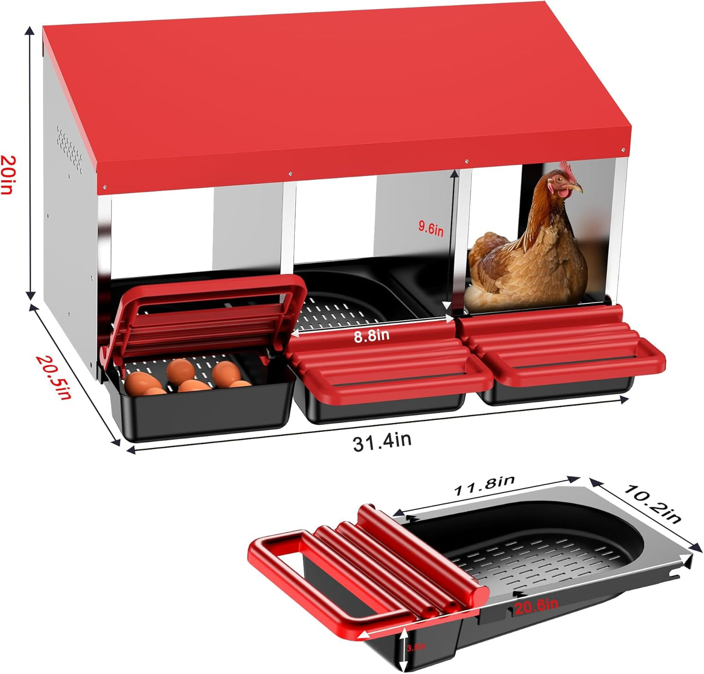 Chicken Nesting Boxes, 3 Hole Metal Chicken Egg Laying Box with Swing Perch and Rollout Egg Collection for Chicken Coop