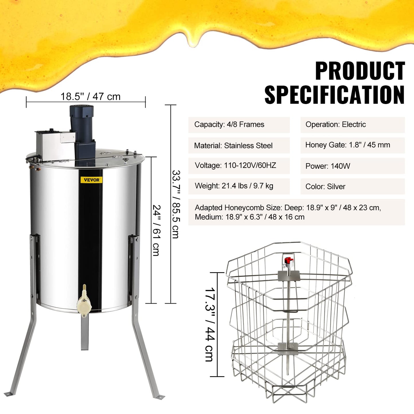 VEVOR Electric Honey Extractor, 2/4 Frame Stainless Steel Beekeeping Extraction, Honeycomb Drum Spinner with Transparent Lid, Apiary Centrifuge Equipment with Height Adjustable Stand