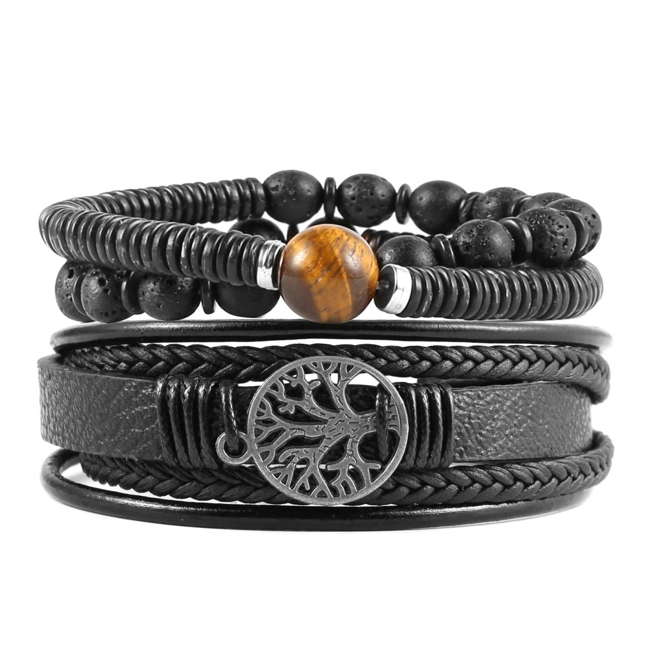 HZMAN Genuine Leather Tree of life Bracelets Men Women, Tiger Eye Natural Stone Lava Rock Beads Ethnic Tribal Elastic Bracelets Wristbands