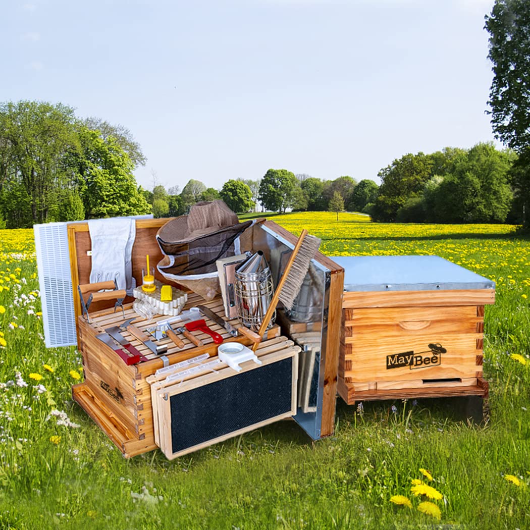 Beehive Starter Kit 10-Frame Bee Boxes and Frames Starter Kit Wax Coated Bee Hives and Supplies Starter Kit Including Beekeeping Tools Kit with Beekeeping Veil