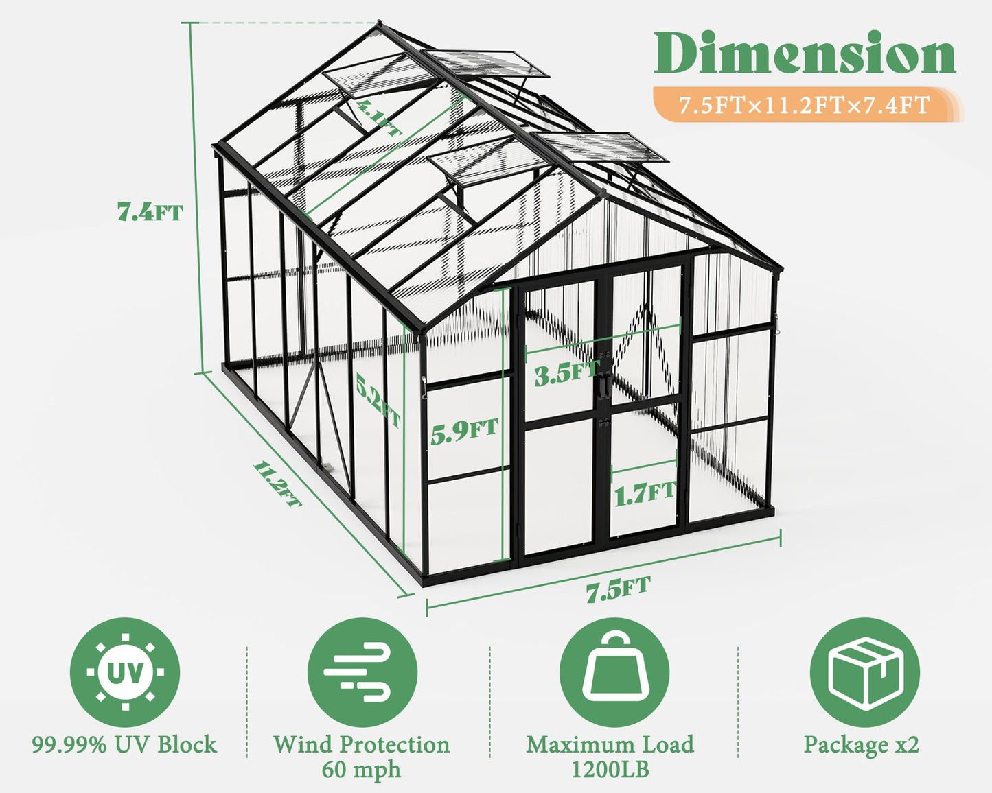 AMERLIFE 8x12x7.5 Polycarbonate Greenhouse with Quick-Connect Fittings, Walk-in Aluminum Greenhouse with 2 Swing Doors, Greenhouses for Outdoors for Garden Backyard, Black