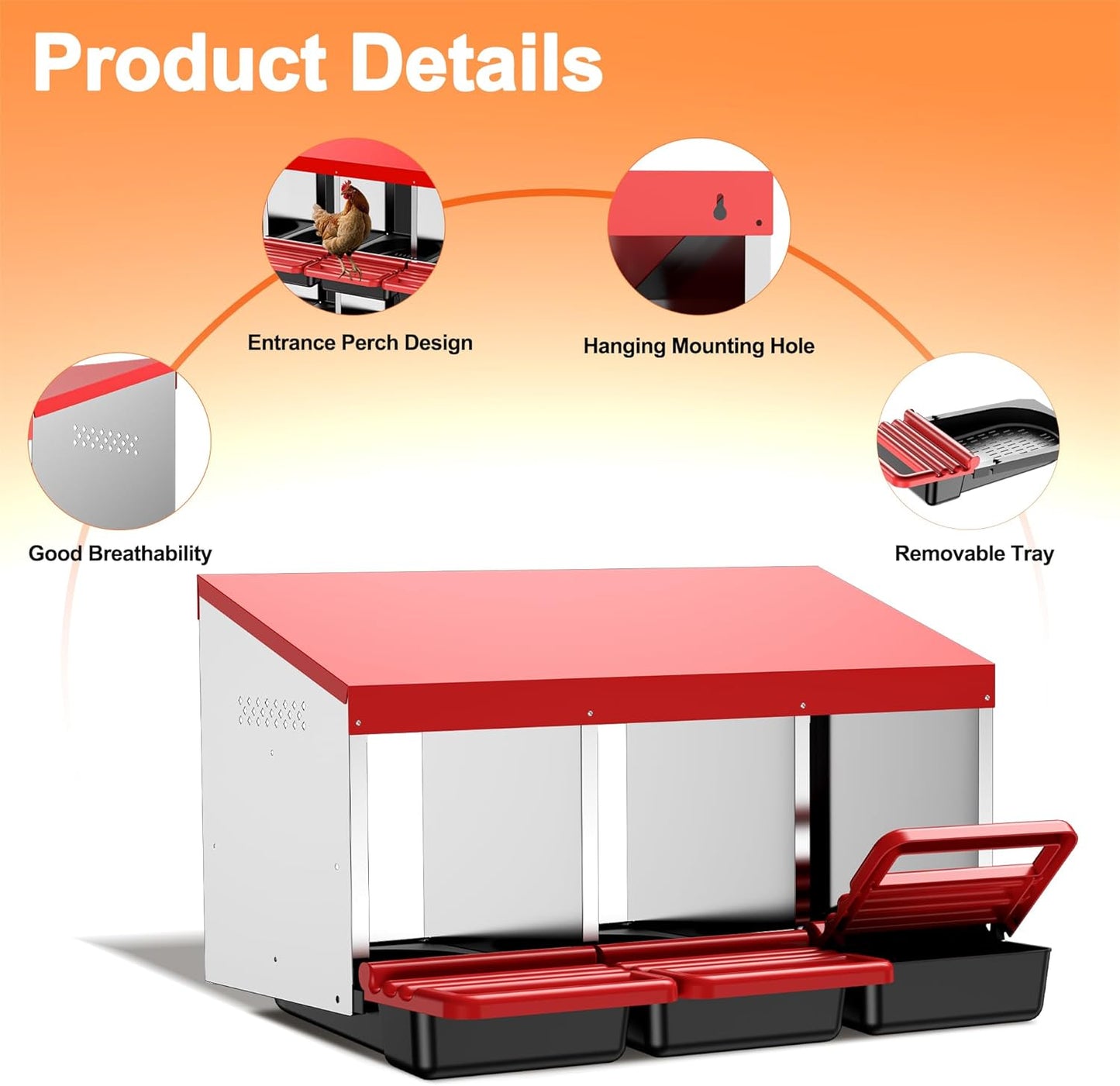 Chicken Nesting Boxes, 3 Hole Metal Chicken Egg Laying Box with Swing Perch and Rollout Egg Collection for Chicken Coop