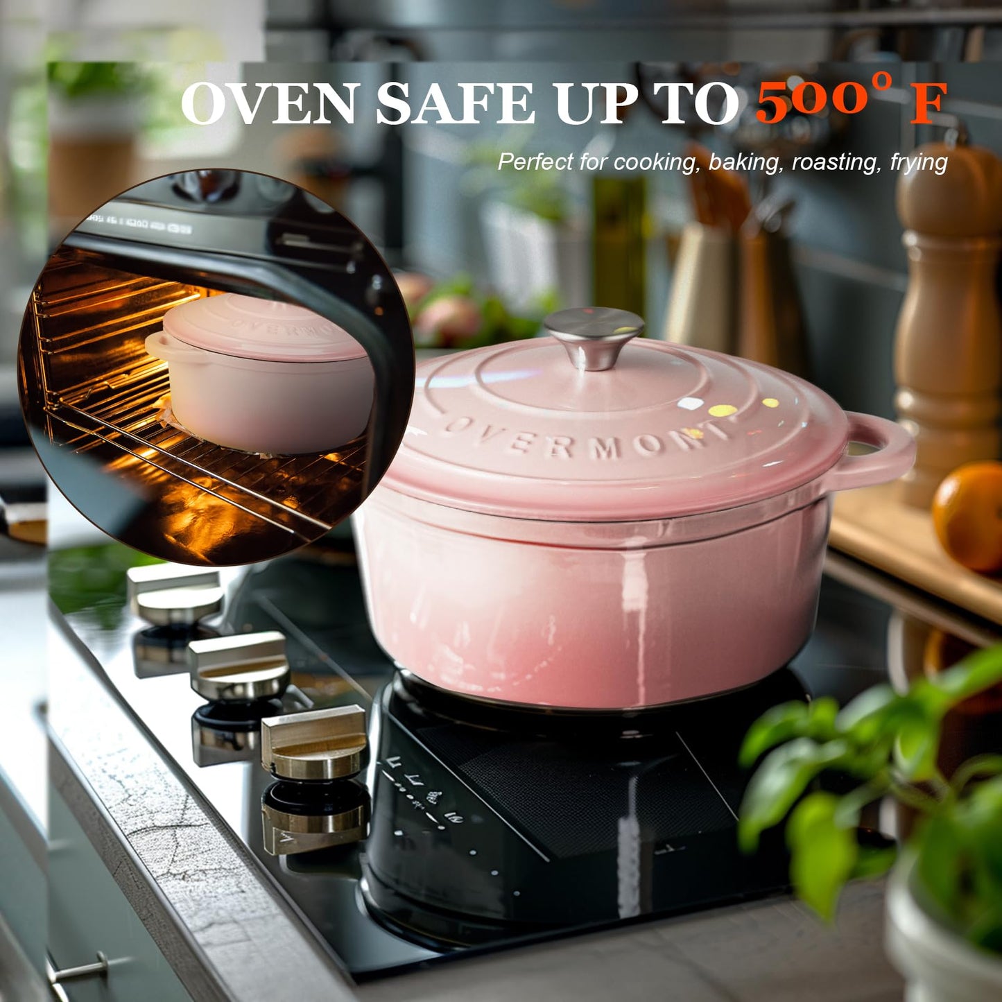 Overmont Enameled Cast Iron Dutch Oven - 5.5QT Pot with Lid Cookbook & Cotton Potholders - Heavy-Duty Cookware for Braising, Stews, Roasting, Bread Baking white