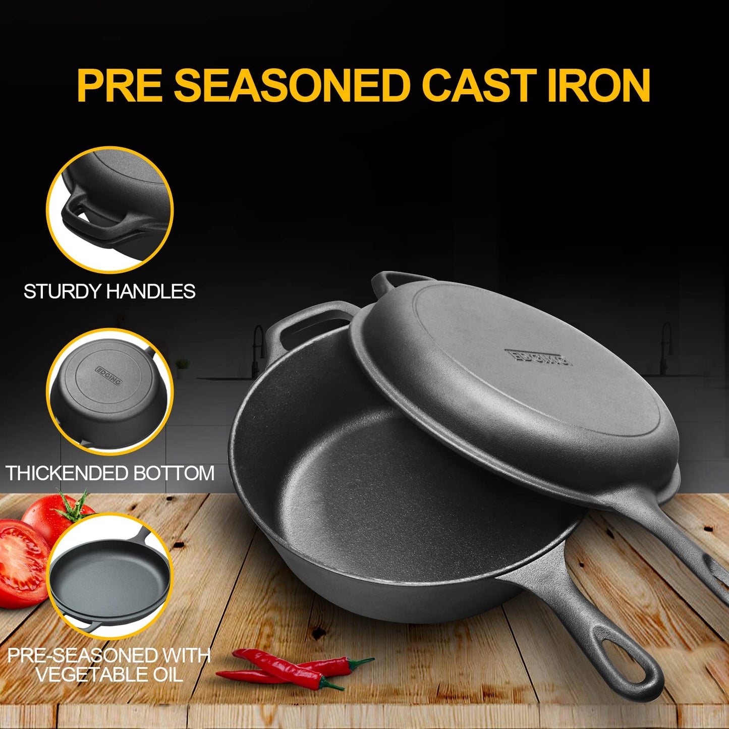 2-in-1 Pre-Seasoned Cast Iron Dutch Oven Pot with Skillet Lid Cooking Pan, Cast Iron Skillet Cookware Pan Set with Dual Handles Indoor Outdoor for Bread, Frying, Baking, Camping, BBQ, 5QT