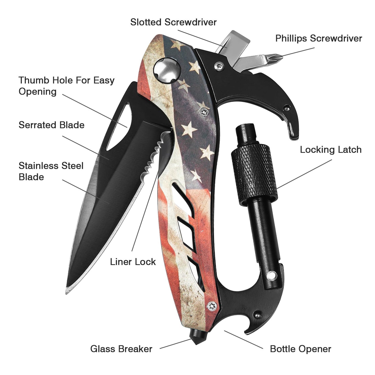 Multitool Carabiner with Pocket Knife, Stocking Stuffers Gifts for Men, EDC Carabiners with Folding Knives, Bottle Opener, Window Breaker and Screwdriver, Survival Gear for Camping Hiking