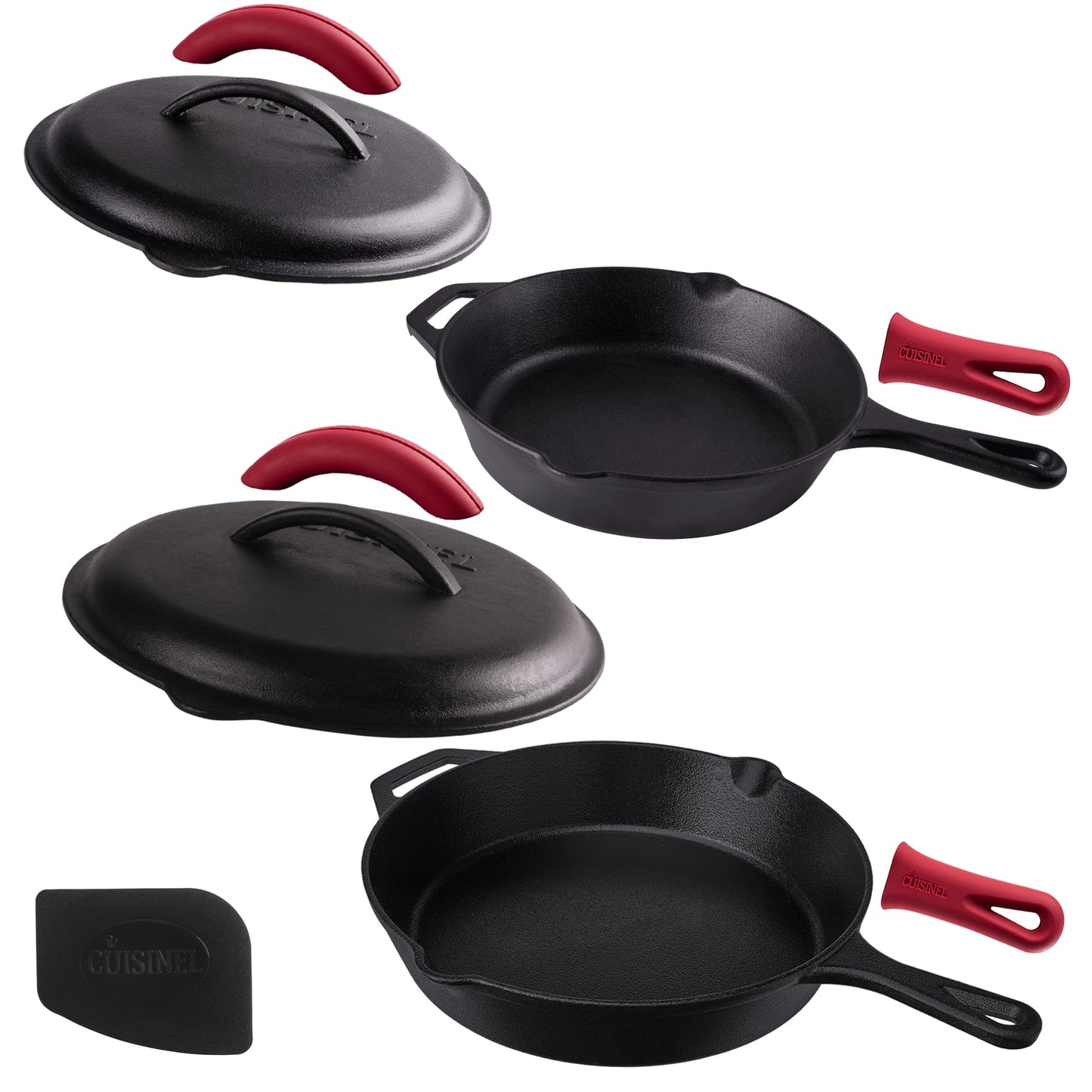 Cuisinel Cast Iron Skillet with Lid - 12"-inch Pre-Seasoned Covered Frying Pan Set + Silicone Handle & Lid Holders + Scraper/Cleaner - Indoor/Outdoor, Oven, Stovetop, Camping Fire, Grill Safe Cookware