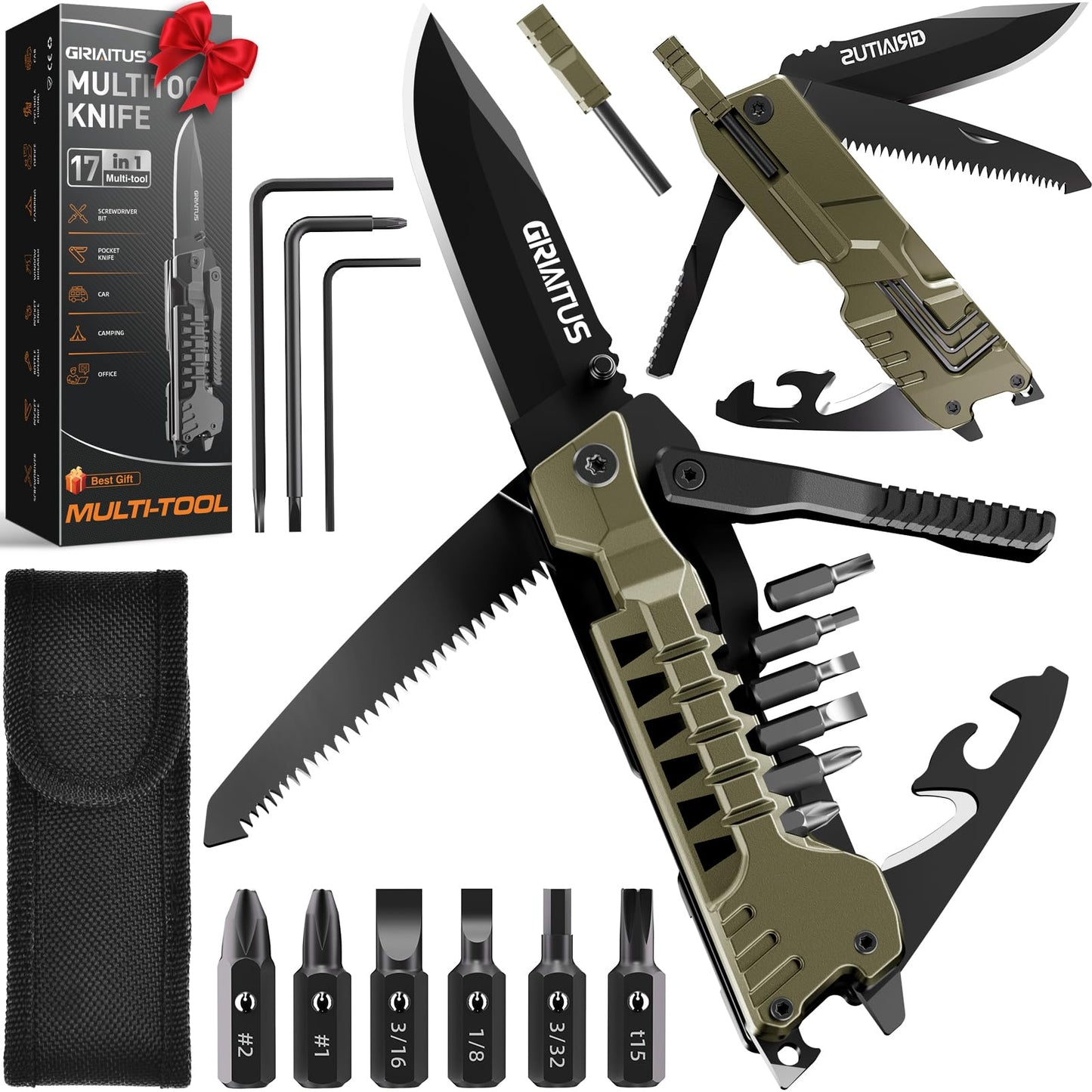 Multitool Knife 17 in 1Fire Starting Sticks, Bottle Opener, Saw Screwdrivers Bottle Opener, Whistle, Window Breaker and More -Perfect for Camping, Outdoor, Survival and Everyday Use,Gifts for Men Dad