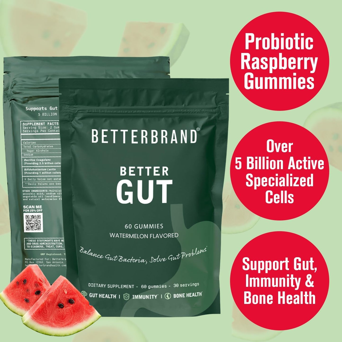 Betterbrand Better Gut Gummy - Probiotics Supplement for Gut Health, Digestive Support, Immunity and Bone Health with 2.5 Billion CFUs - Watermelon Flavor (30 Day Supply)