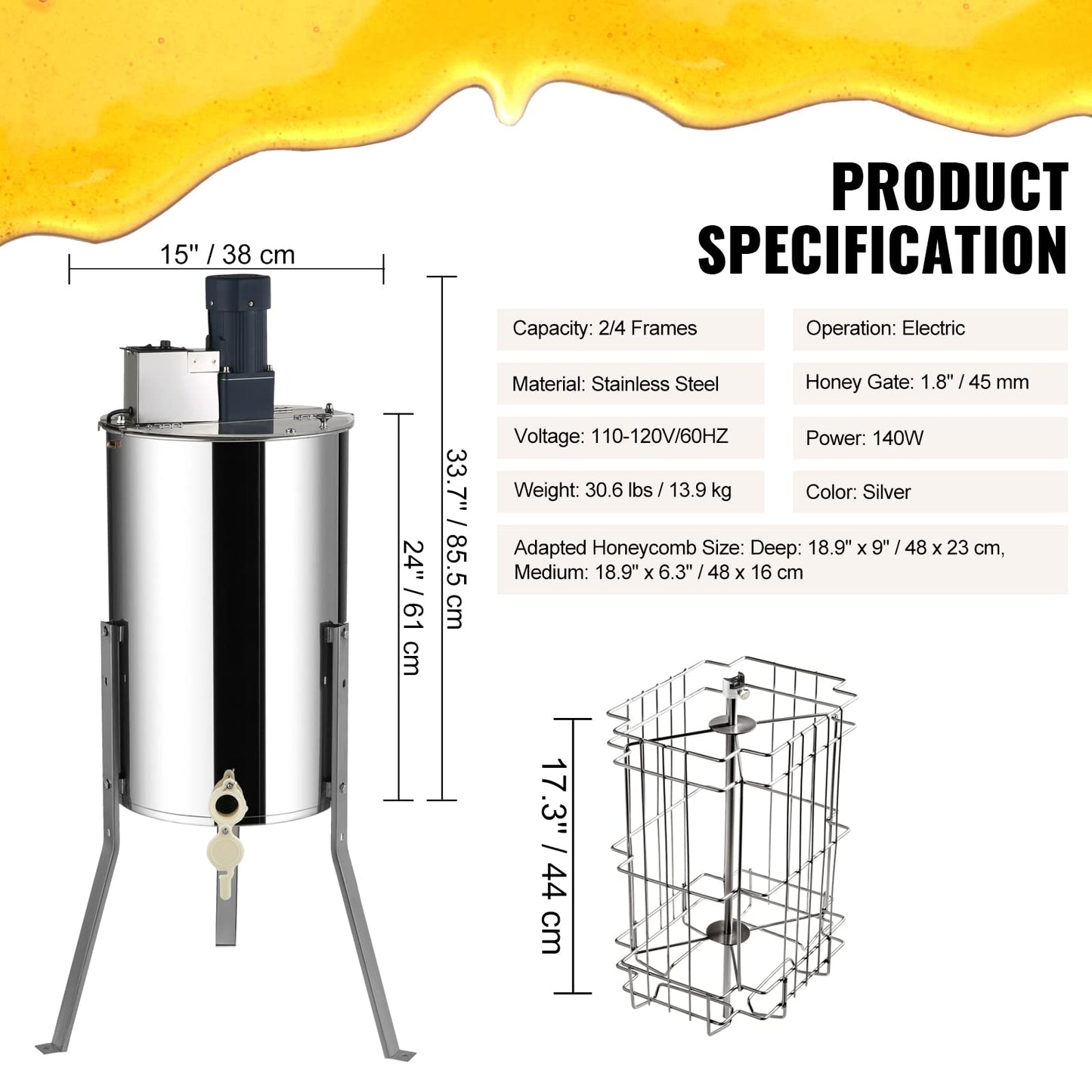 VEVOR Electric Honey Extractor, 2/4 Frame Stainless Steel Beekeeping Extraction, Honeycomb Drum Spinner with Transparent Lid, Apiary Centrifuge Equipment with Height Adjustable Stand