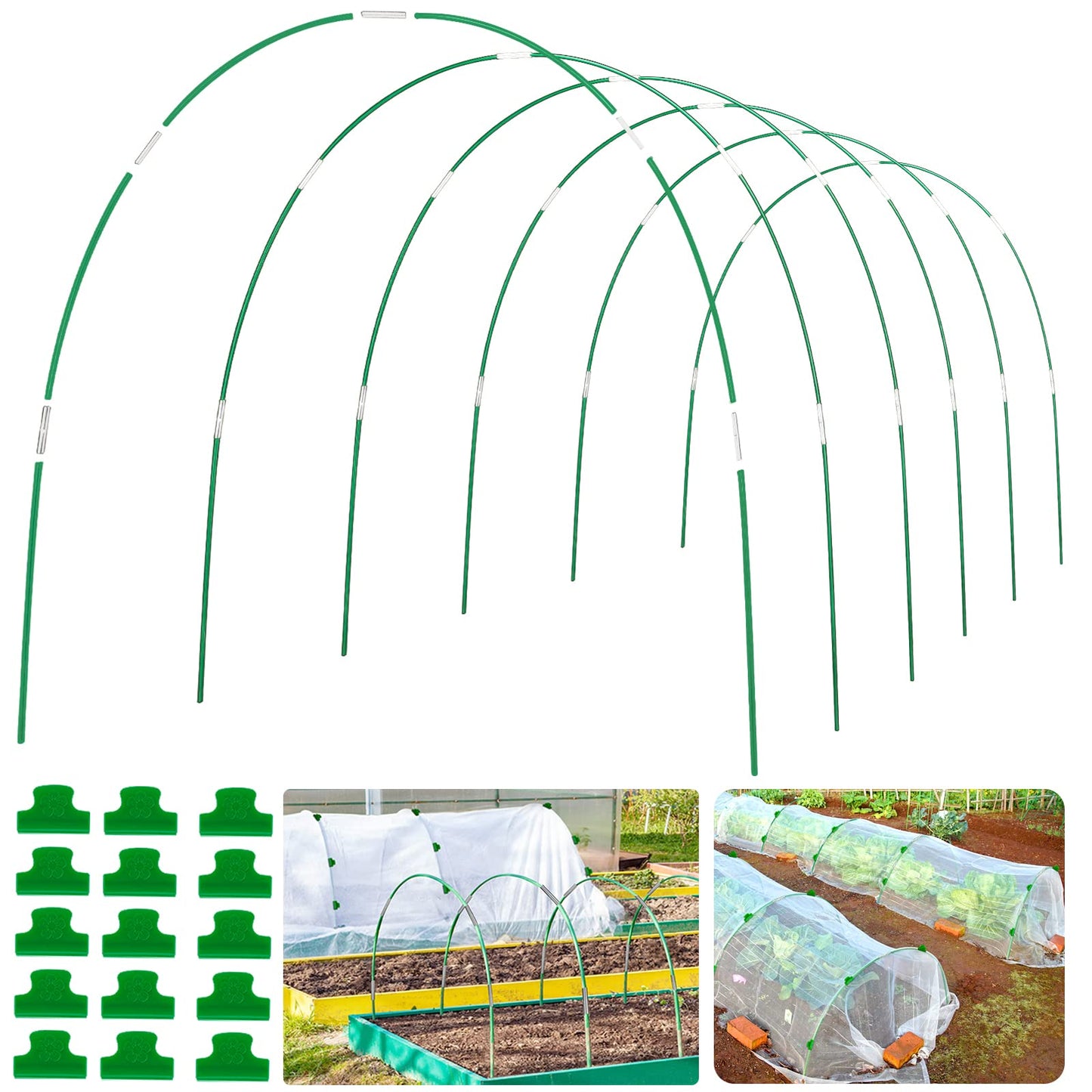 Greenhouse Hoops Grow Tunnel 10 Sets of 8FT Long Rust-Free Fiberglass Support Garden Hoops Kit for Raised Beds Garden Plant Cloth Row Cover Netting ,DIY Plant Support Garden Hoop ,60 Pcs