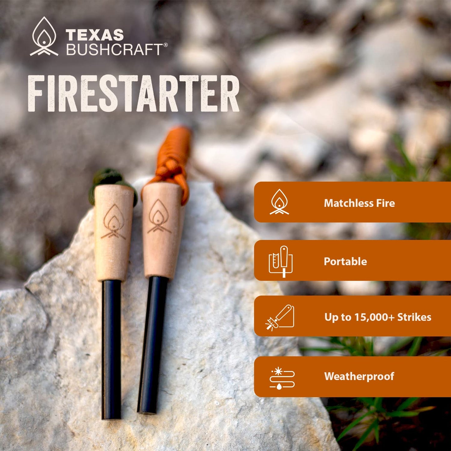 Texas Bushcraft Fire Starter - 3/8" Thick Ferro Rod with Striker and Paracord Wrist Lanyard – Waterproof Flint Fire Steel Survival Lighter for Your Camping, Hiking and Backpacking Gear