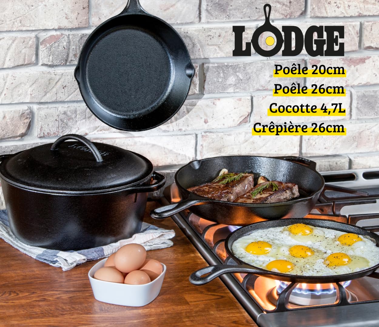 Lodge Seasoned Cast Iron 5 Piece Bundle. 10.5" Griddle, 8" Skillet, 10.25" Skillet, 10.25" Dutch Oven, and 10.25" Lid,Black