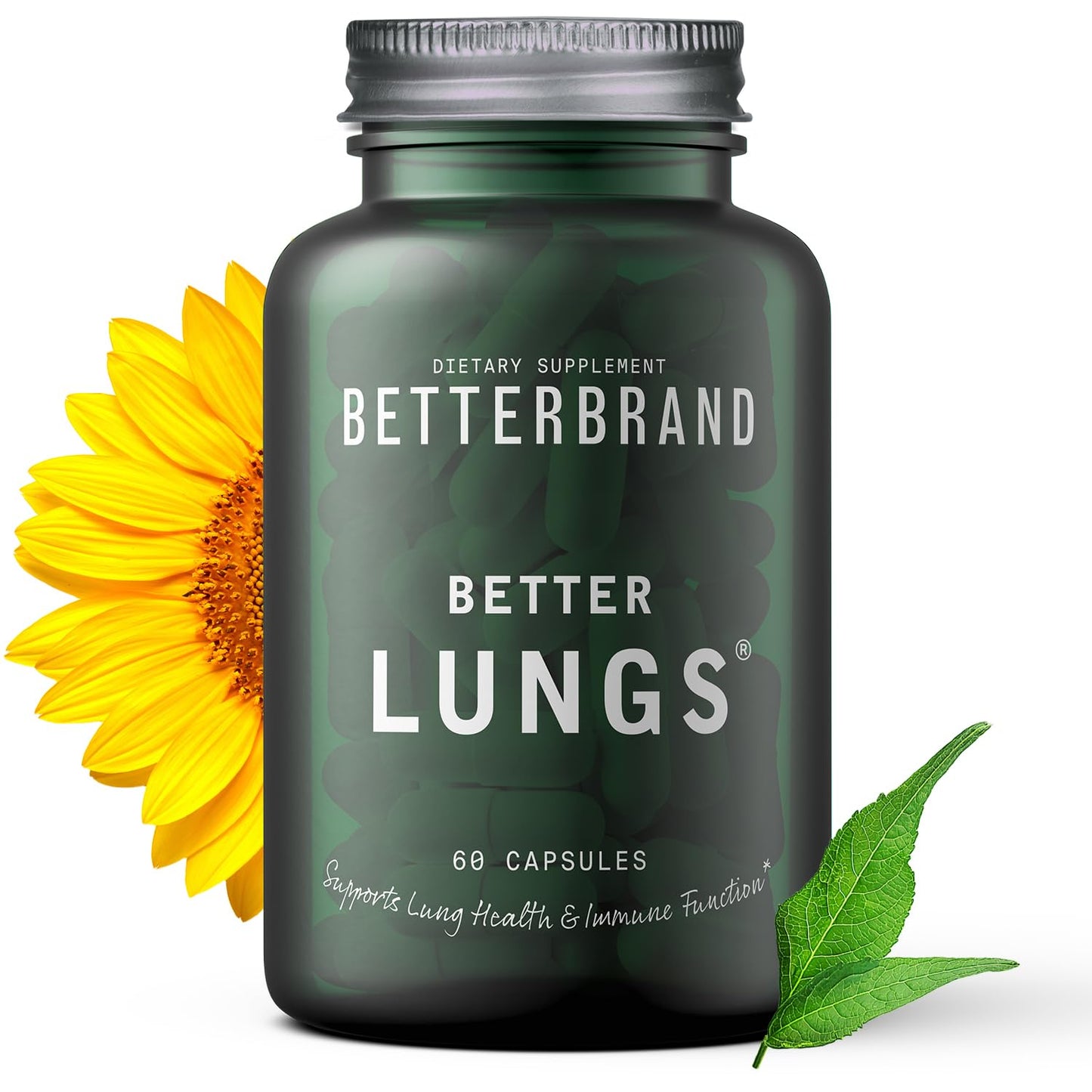 Betterbrand BetterLungs Daily Respiratory Health Supplement | with Mullein Leaf, Elderberry, Vitamin D, Ginseng and Reishi Mushroom | Lung Health, Allergy, Sinus, and Mucus Relief (60 Capsules)