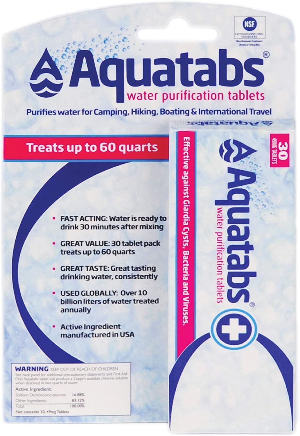 Aquatabs 397mg Water Purification Tablets (100 Pack). Water Filtration System for, Camping, Emergencies, Survival, and RVs. Easy to Use Water Treatment and Disinfection.