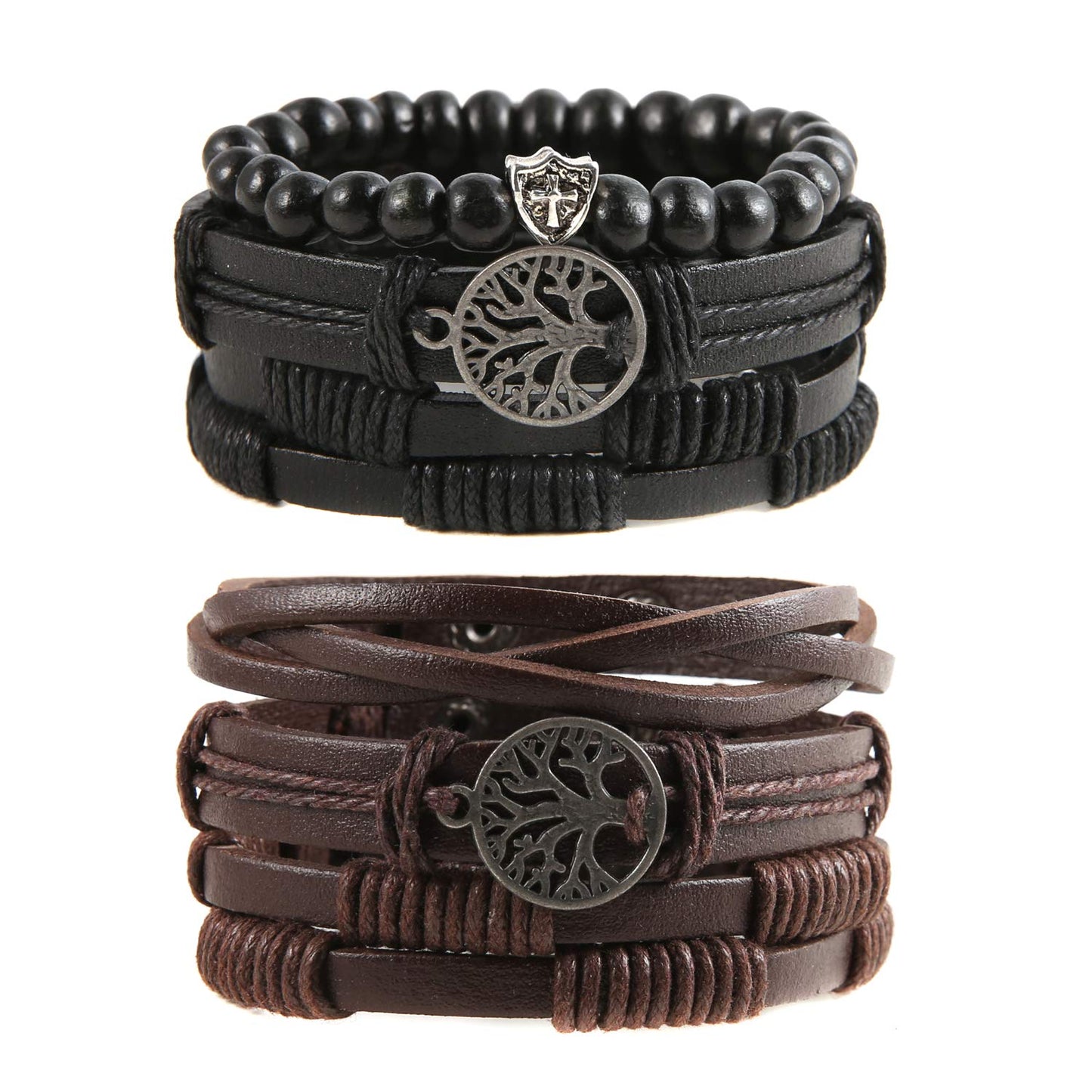 HZMAN Genuine Leather Tree of life Bracelets Men Women, Tiger Eye Natural Stone Lava Rock Beads Ethnic Tribal Elastic Bracelets Wristbands