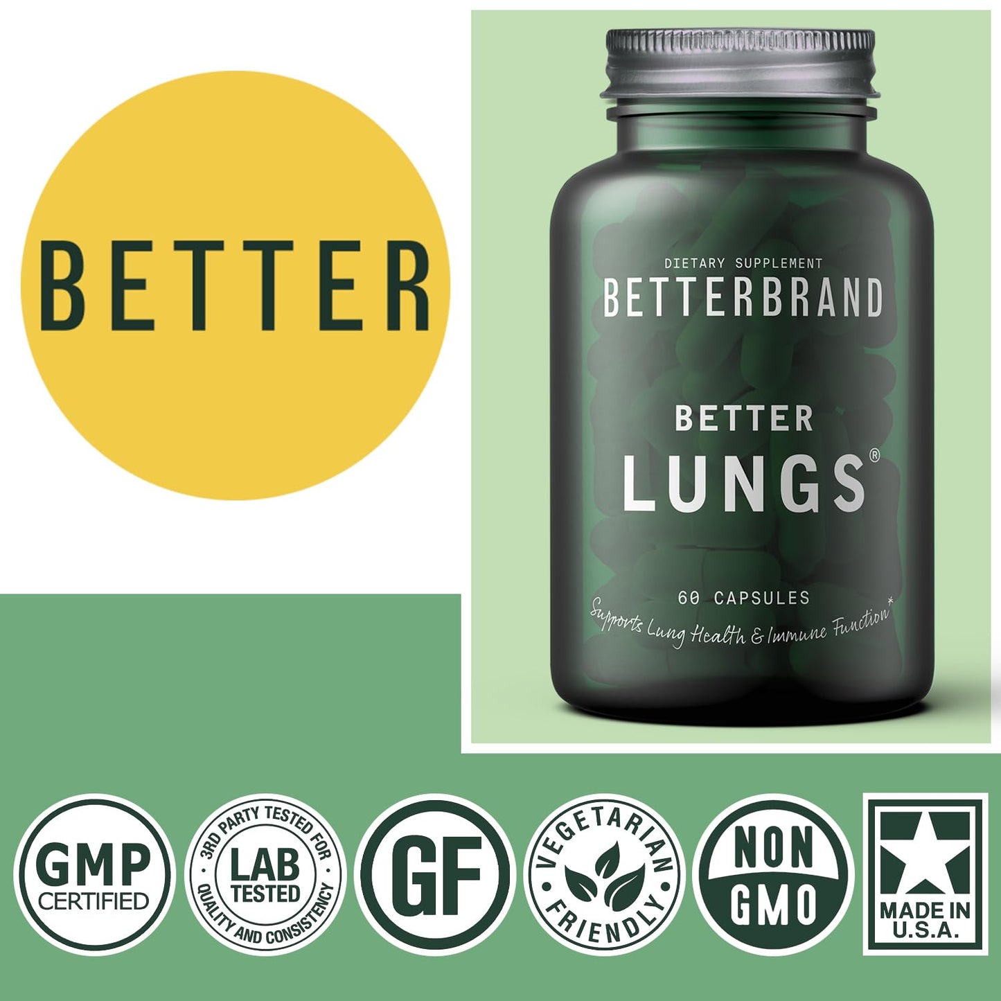 Betterbrand BetterLungs Daily Respiratory Health Supplement | with Mullein Leaf, Elderberry, Vitamin D, Ginseng and Reishi Mushroom | Lung Health, Allergy, Sinus, and Mucus Relief (60 Capsules)