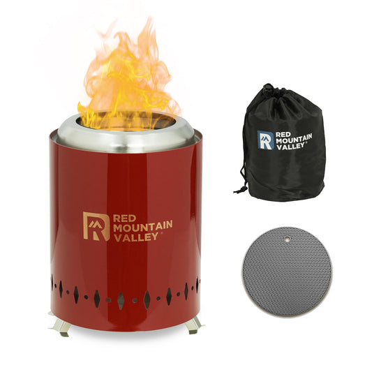 Red Mountain Valley Smokeless Tabletop Fire Pit with Mat, Portable Mini Low Smoke Camping Stove, with Travel Bag and Fireproof Mat, Stainless Steel Red, for Outdoor Enthusiasts