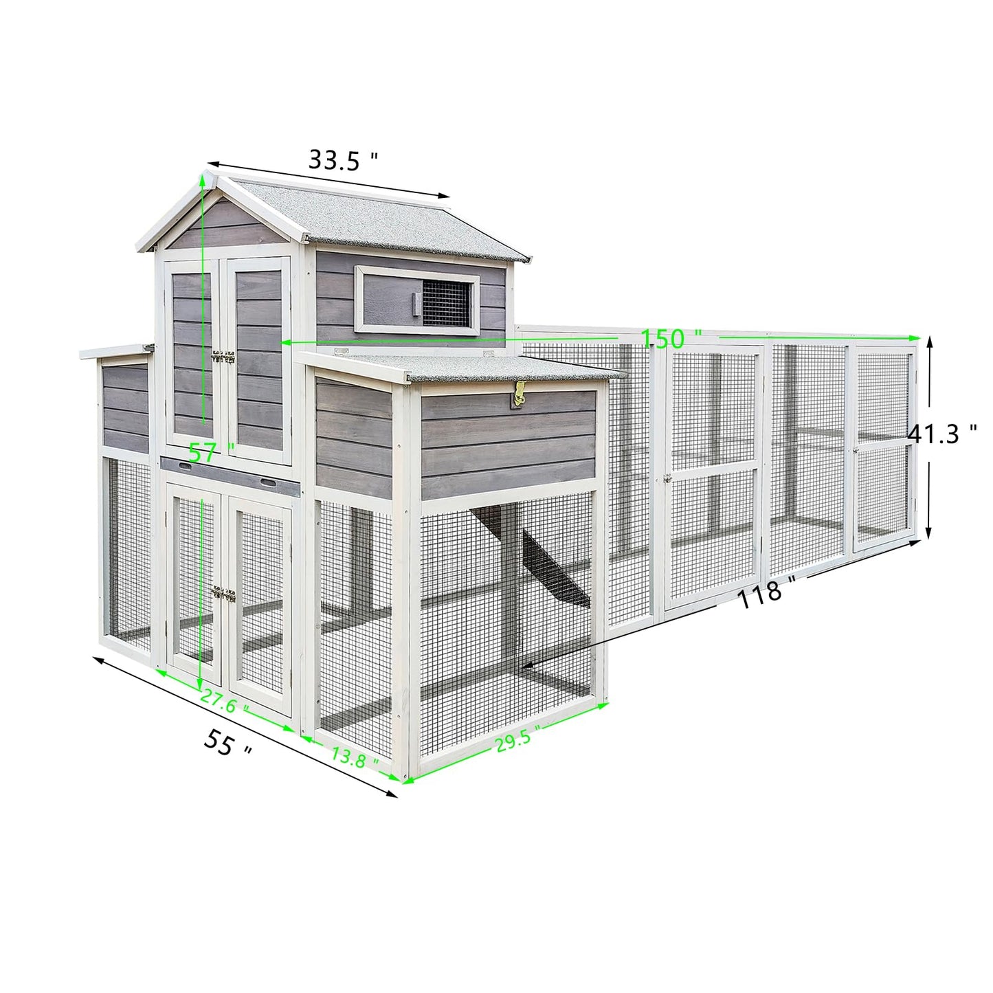 150" Chicken Coop with Two Nesting Boxes and Sliding Door,Outdoor Wooden Extra Large Hen House w/Built-in Slide-Out Tray,Rust-Proof Metal Wire Poultry Cage,5 Perches,Gray