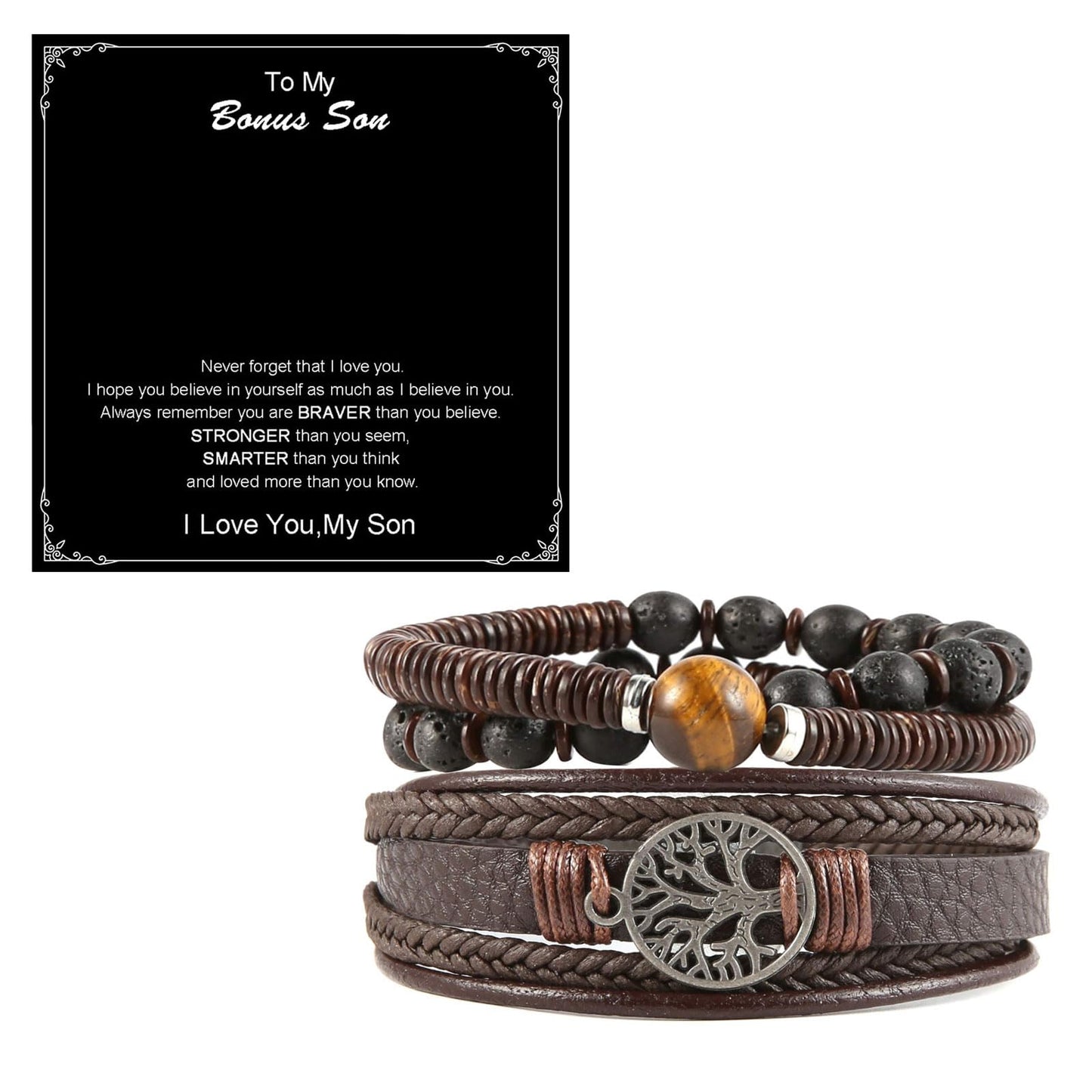 HZMAN Genuine Leather Tree of life Bracelets Men Women, Tiger Eye Natural Stone Lava Rock Beads Ethnic Tribal Elastic Bracelets Wristbands