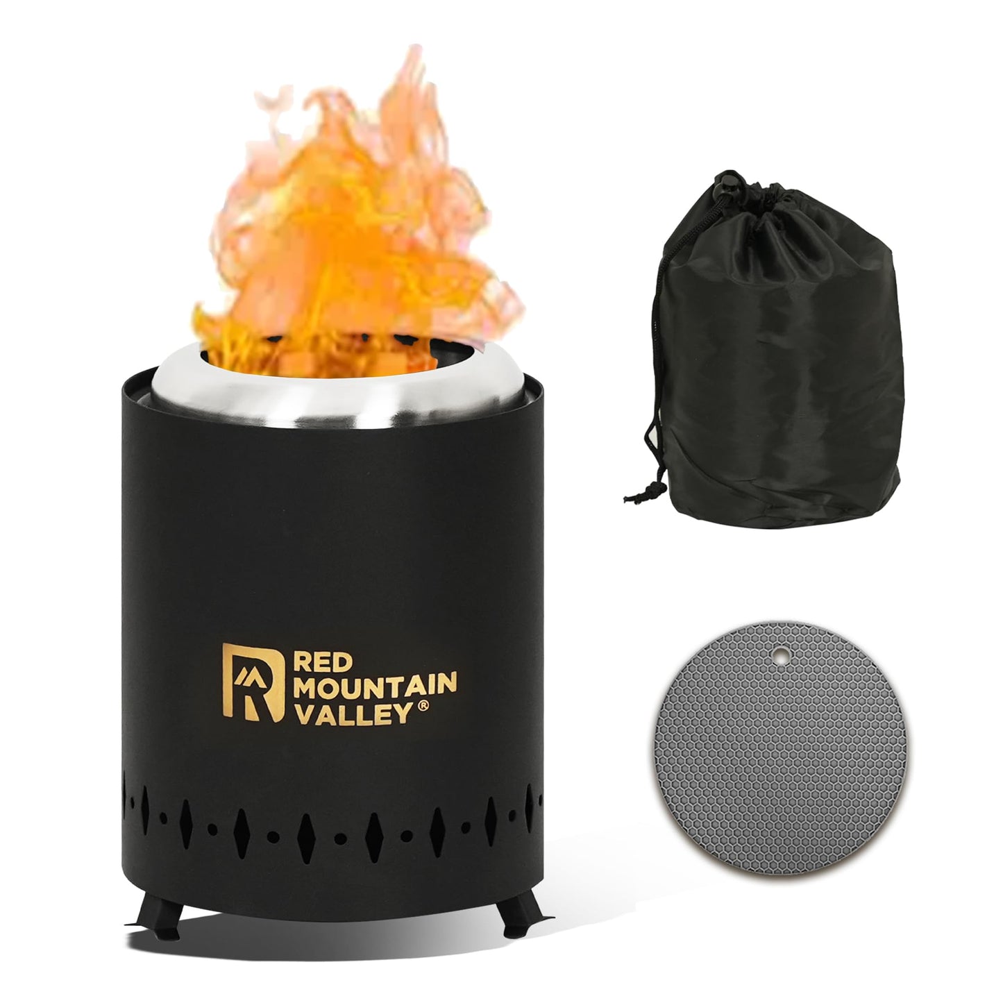 Red Mountain Valley Smokeless Tabletop Fire Pit with Mat, Portable Mini Low Smoke Camping Stove, with Travel Bag and Fireproof Mat, Stainless Steel Red, for Outdoor Enthusiasts