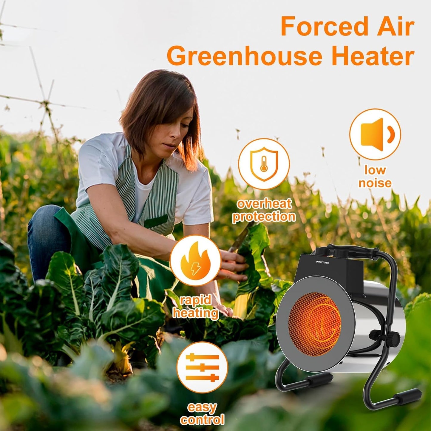 Greenhouse Heater with Thermostat, 1500W Outdoor Heater with Fast Heating, Overheat Protection, Grow Tent Heater for Greenhouse, Garden, Flower Room