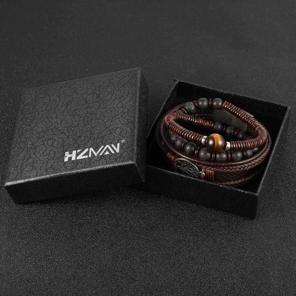 HZMAN Genuine Leather Tree of life Bracelets Men Women, Tiger Eye Natural Stone Lava Rock Beads Ethnic Tribal Elastic Bracelets Wristbands