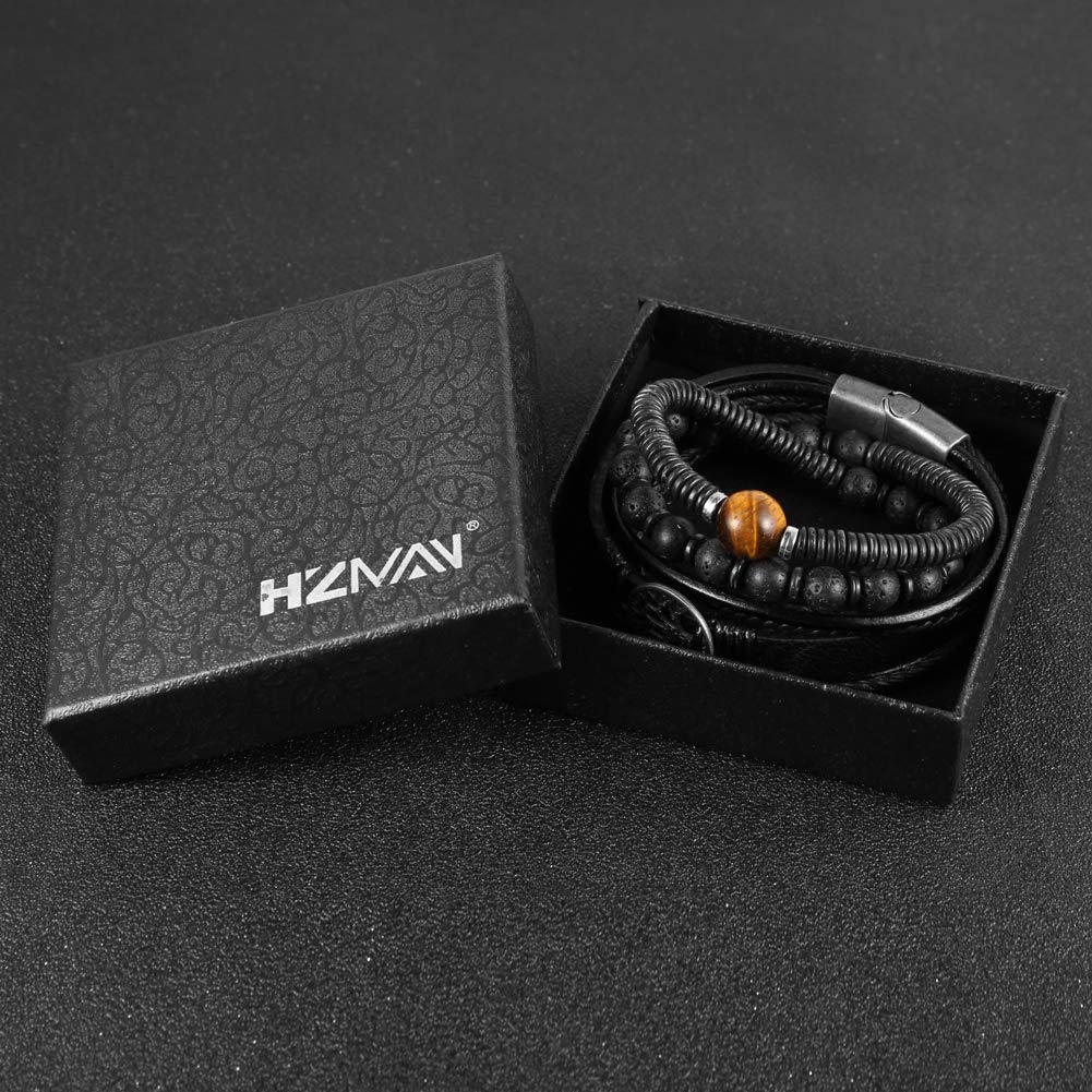 HZMAN Genuine Leather Tree of life Bracelets Men Women, Tiger Eye Natural Stone Lava Rock Beads Ethnic Tribal Elastic Bracelets Wristbands