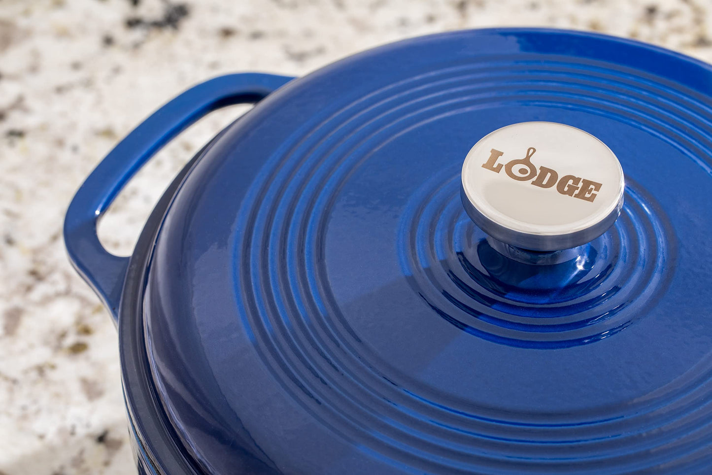 Lodge 6 Quart Enameled Cast Iron Dutch Oven with Lid – Dual Handles – Oven Safe up to 500° F or on Stovetop - Use to Marinate, Cook, Bake, Refrigerate and Serve – Blue