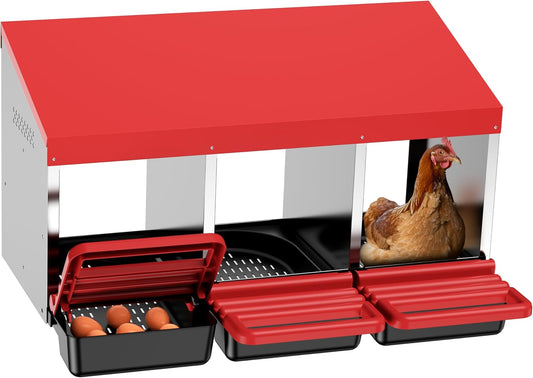 Chicken Nesting Boxes, 3 Hole Metal Chicken Egg Laying Box with Swing Perch and Rollout Egg Collection for Chicken Coop