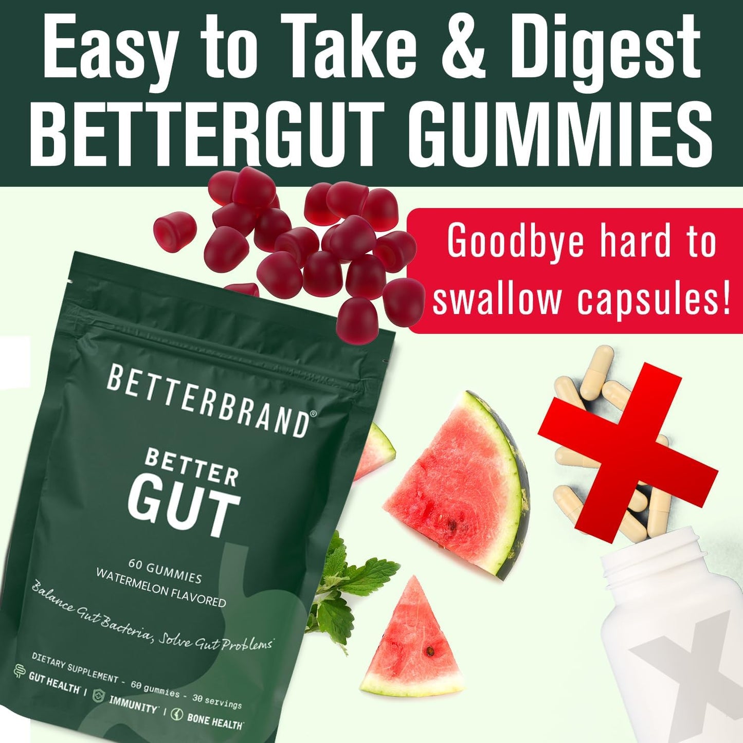 Betterbrand Better Gut Gummy - Probiotics Supplement for Gut Health, Digestive Support, Immunity and Bone Health with 2.5 Billion CFUs - Watermelon Flavor (30 Day Supply)