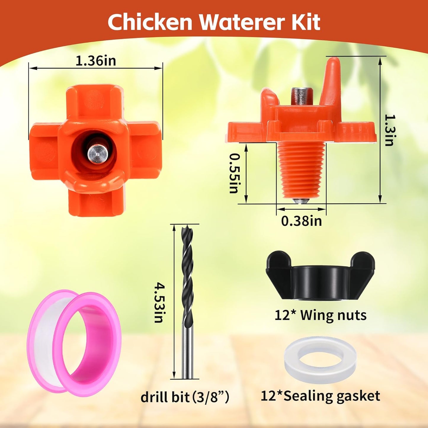 Dreyoo 12 Pcs Horizontal Chicken Waterer Nipples, Automatic Poultry Nipple Waterer with Drill Bits for Bucket Chicken Feeders, Non Leak Chicken Waterer Kit for Chicken Coop Outdoor