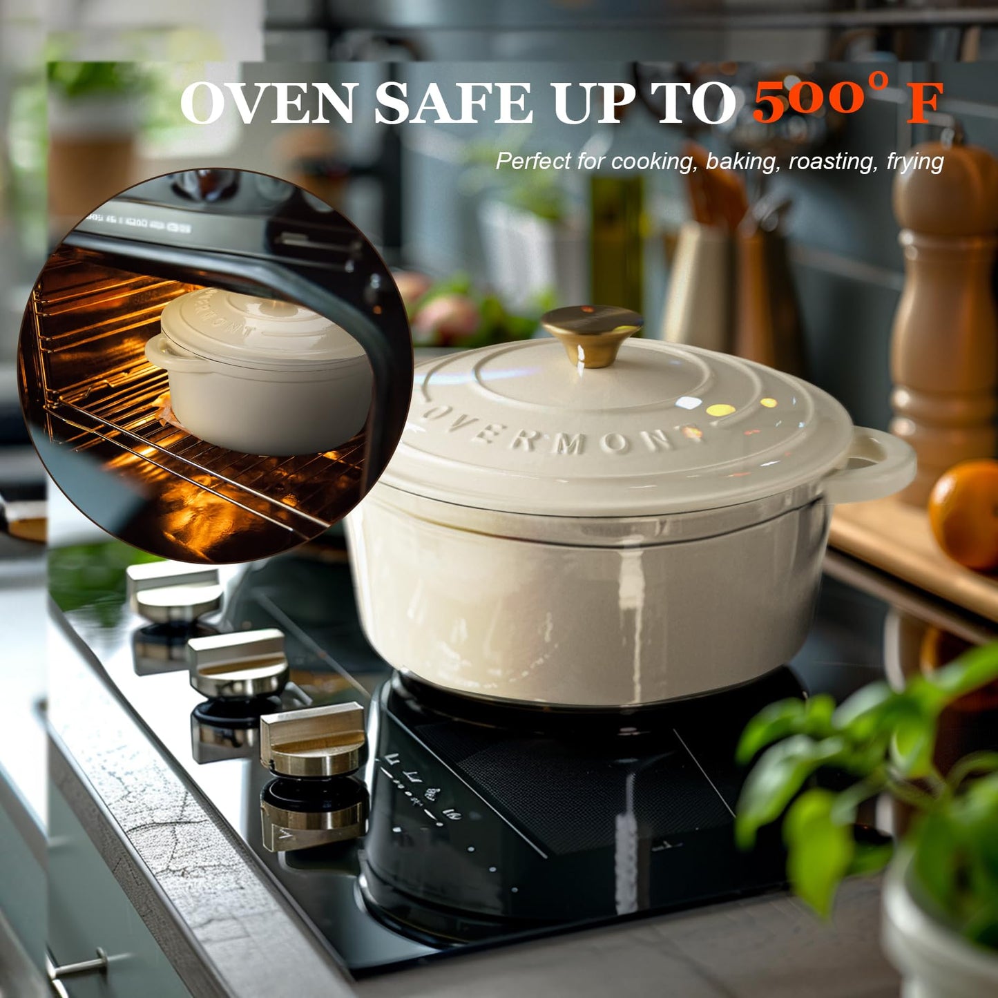 Overmont Enameled Cast Iron Dutch Oven - 5.5QT Pot with Lid Cookbook & Cotton Potholders - Heavy-Duty Cookware for Braising, Stews, Roasting, Bread Baking white