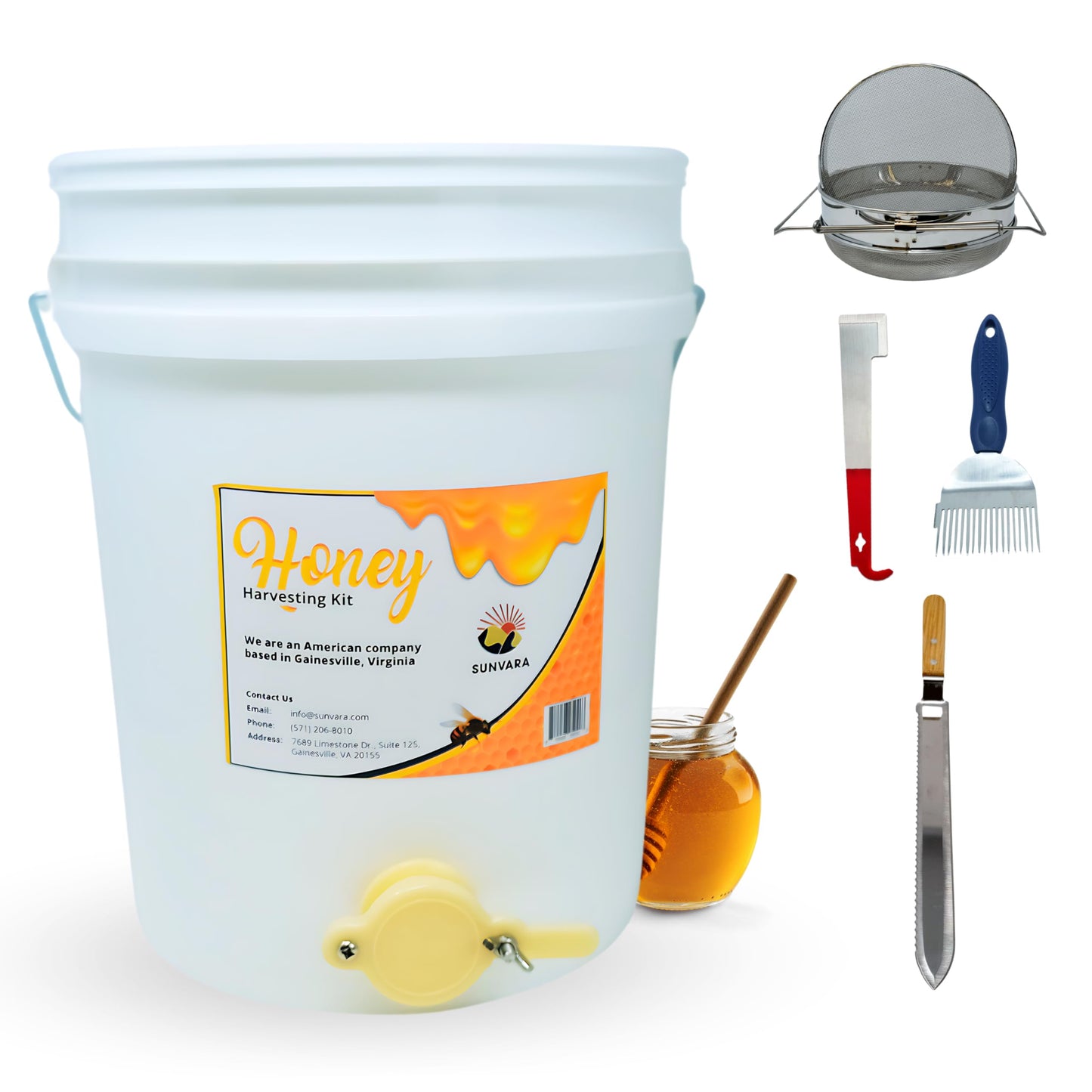 Honey Bucket with Gate 5 Gallon Kit - Stainless Steel Double Layer Strainer, Uncapping Knife Honey Scrapper Tool Beekeeping Equipment, Honey Extractor Equipment, Bee Supplies