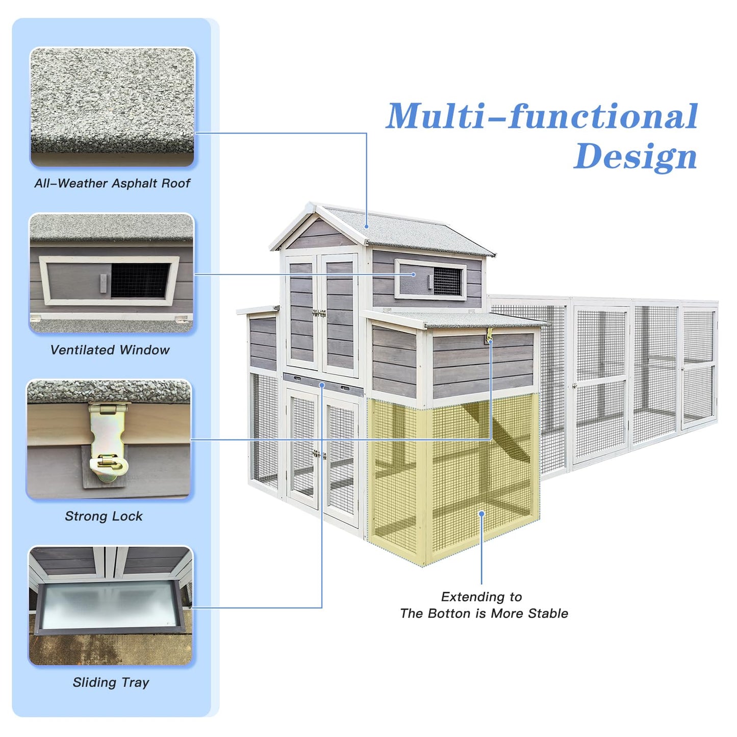 150" Chicken Coop with Two Nesting Boxes and Sliding Door,Outdoor Wooden Extra Large Hen House w/Built-in Slide-Out Tray,Rust-Proof Metal Wire Poultry Cage,5 Perches,Gray