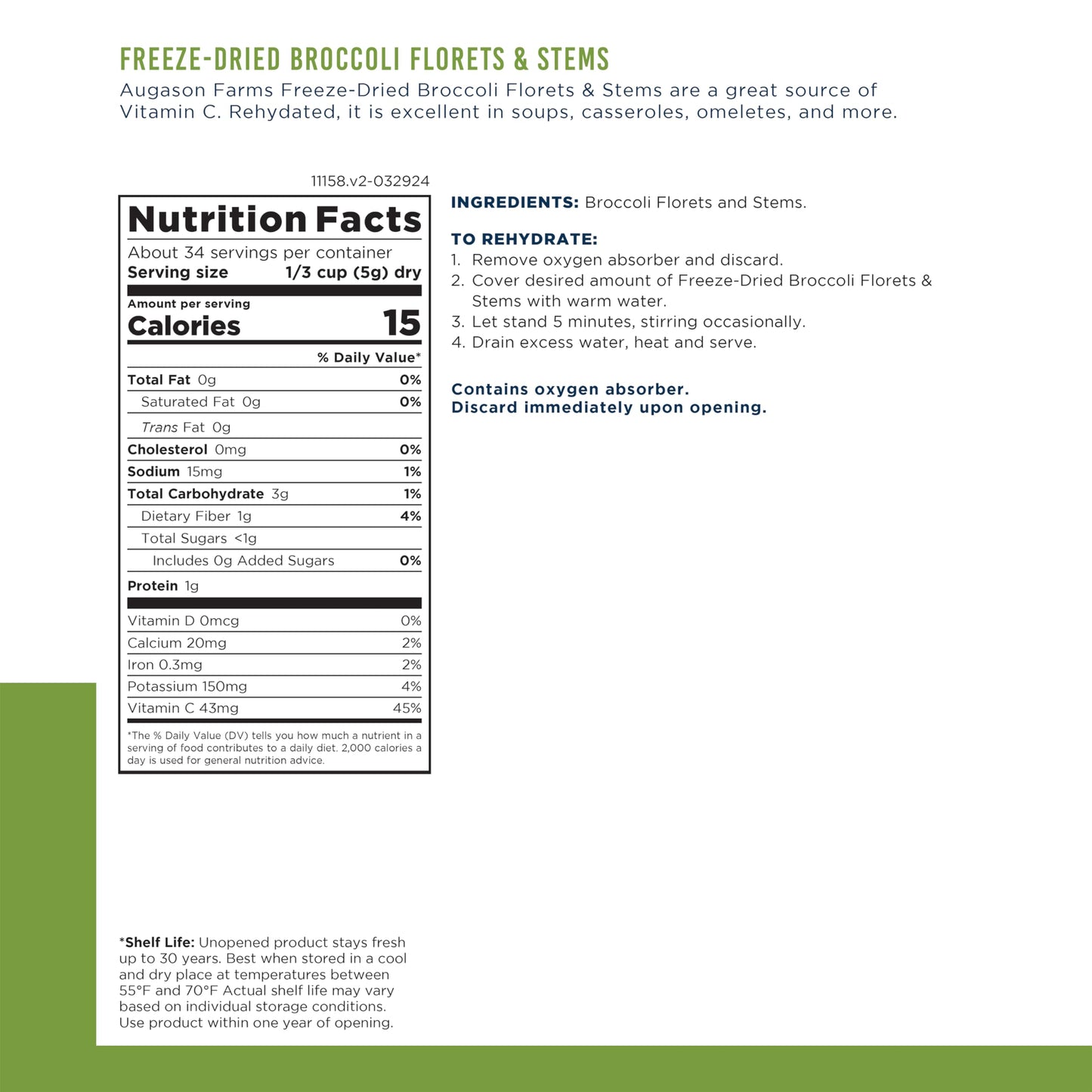 Augason Farms Freeze Dried Broccoli Florets & Stems Can, Emergency Food Supply, Everyday Meals, 34 Servings