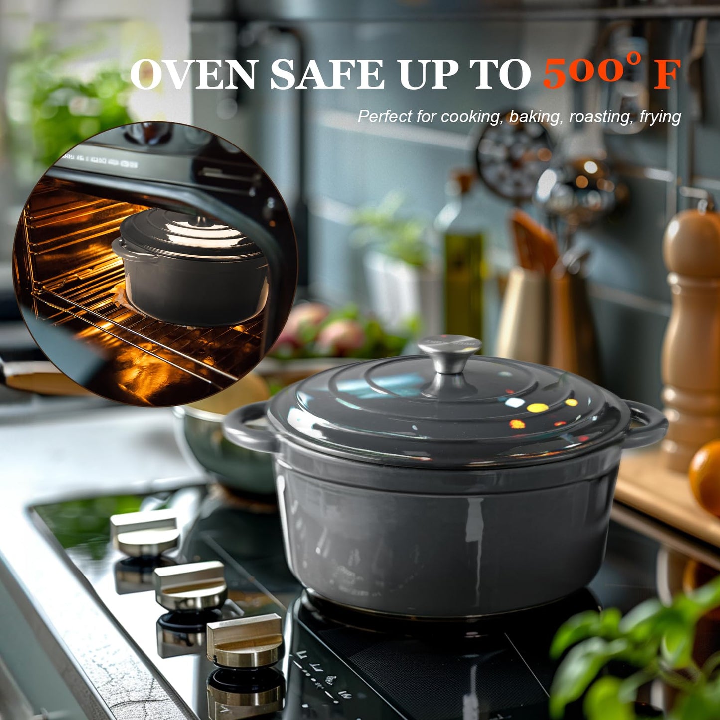 Overmont Enameled Cast Iron Dutch Oven - 5.5QT Pot with Lid Cookbook & Cotton Potholders - Heavy-Duty Cookware for Braising, Stews, Roasting, Bread Baking white