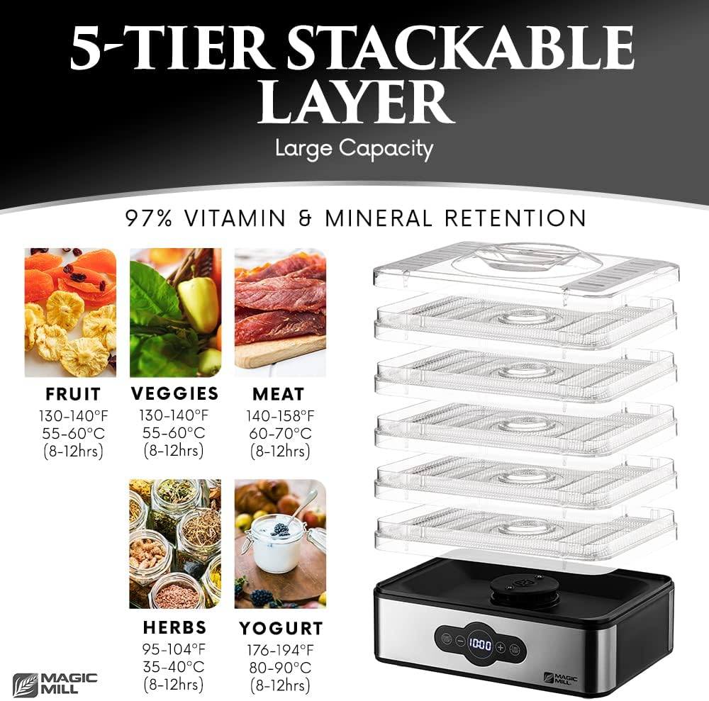 Magic Mill Food Dehydrator Machine | 5 Stackable Stainless Steel Trays Jerky Dryer with Digital Adjustable Timer & Temperature Control - Electric Food Preserver for Fruits, Veggies, Meats & Dog Treats