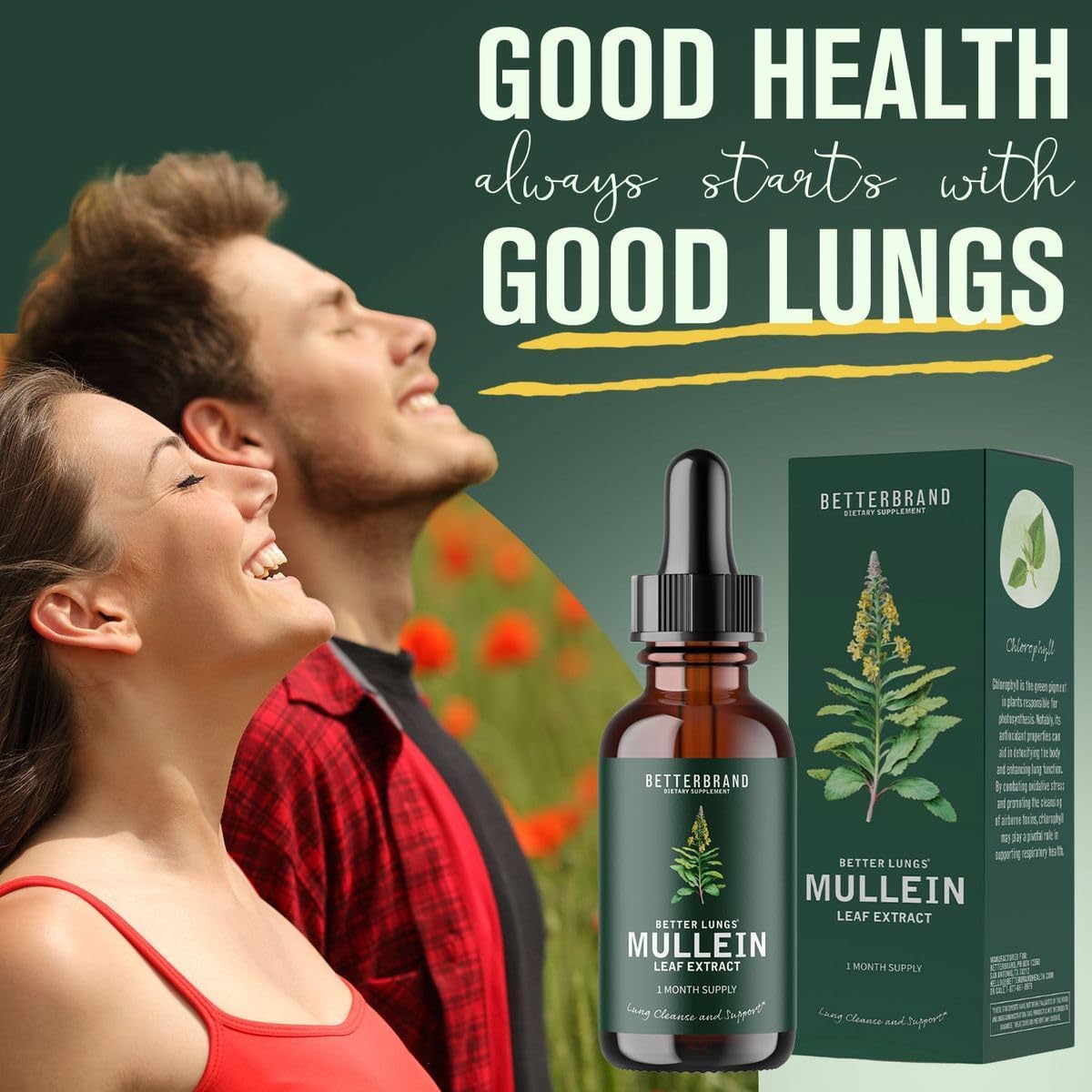 Betterbrand BetterLungs Mullein Leaf Extract - Support Lung Cleanse & Respiratory Function for Healthy Breathing - Natural Supplement, Tincture Drops | Non-GMO, Vegetarian | 1 Month Supply