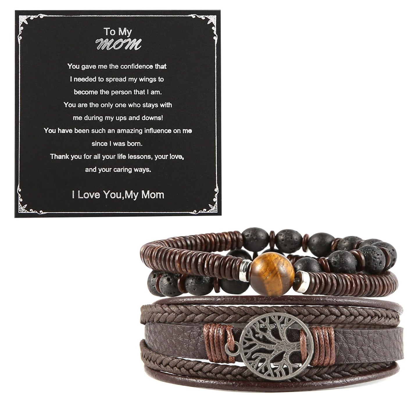 HZMAN Genuine Leather Tree of life Bracelets Men Women, Tiger Eye Natural Stone Lava Rock Beads Ethnic Tribal Elastic Bracelets Wristbands