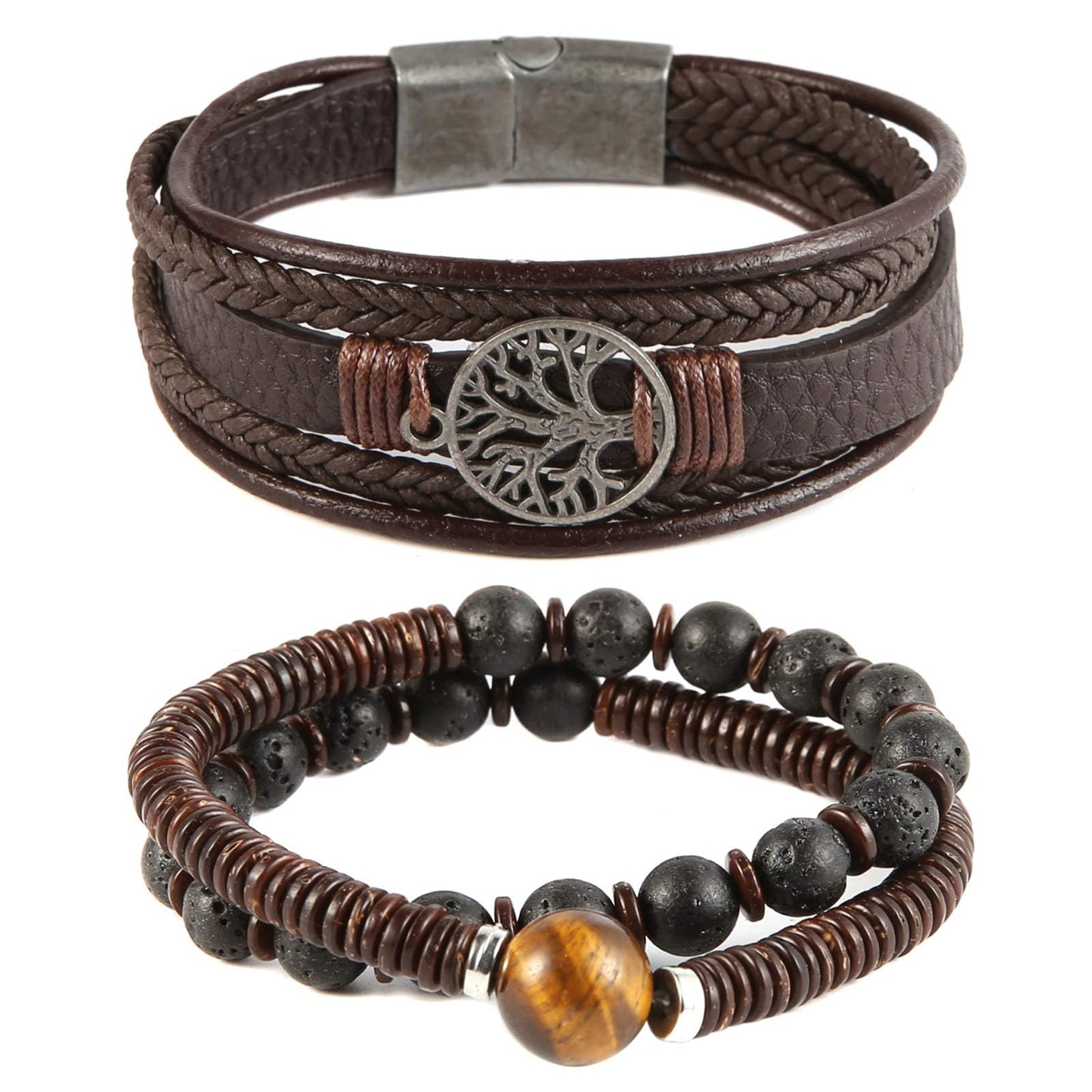 HZMAN Genuine Leather Tree of life Bracelets Men Women, Tiger Eye Natural Stone Lava Rock Beads Ethnic Tribal Elastic Bracelets Wristbands