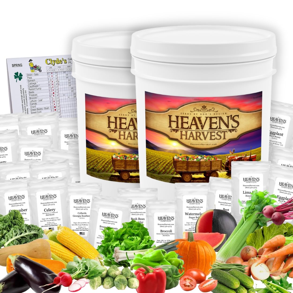 Heaven’s Harvest “10 Year Garden” Survival Seed Bank Kit | Over 25k Non-GMO Heirloom Vegetable Survival Seeds + 2 Free Bonus Items: Clyde’s Garden Planner + Seed Vault Storage Drum for 10 Year Storage