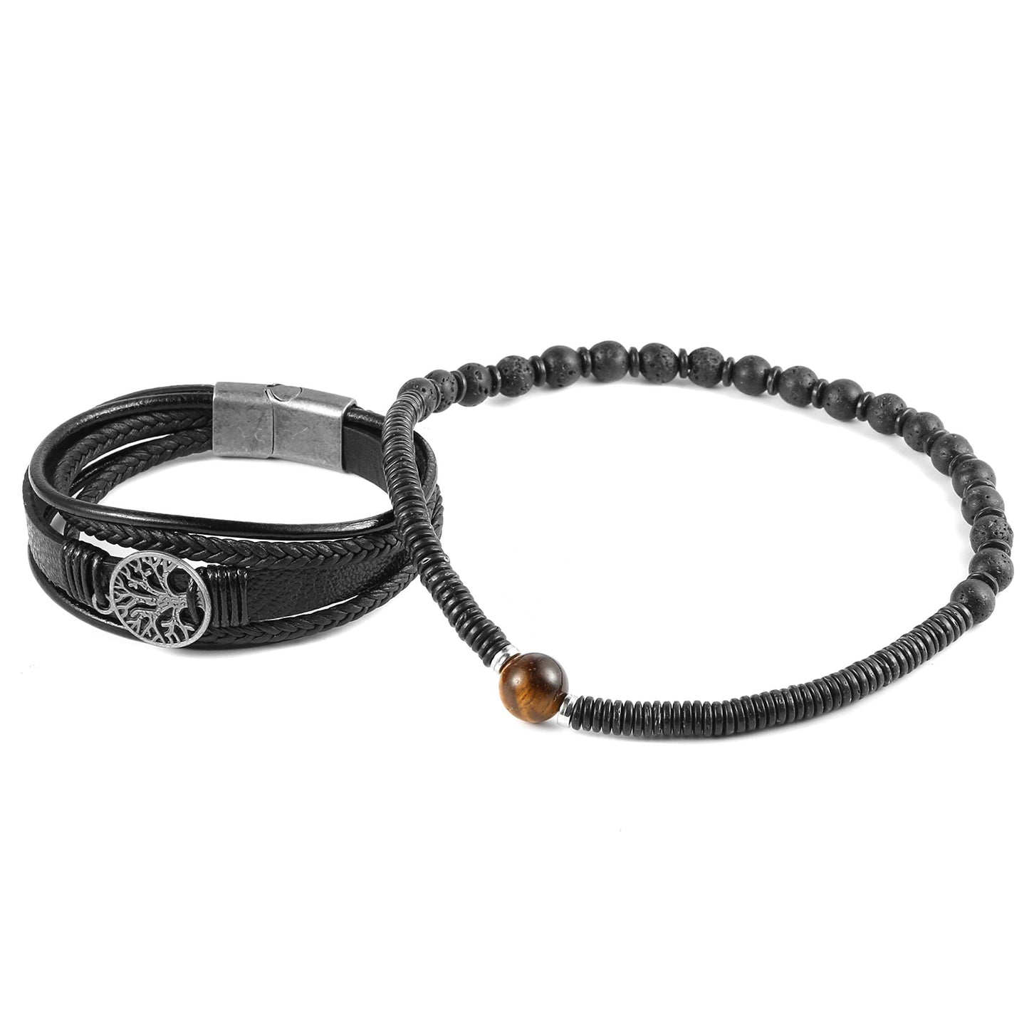 HZMAN Genuine Leather Tree of life Bracelets Men Women, Tiger Eye Natural Stone Lava Rock Beads Ethnic Tribal Elastic Bracelets Wristbands