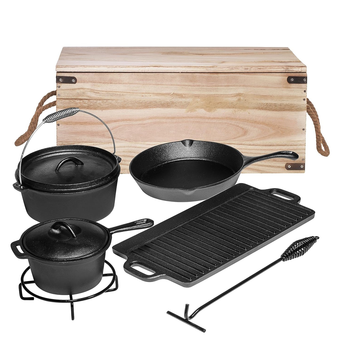 Bruntmor Camping Cooking Set Of 7. Pre Seasoned Cast Iron Pots And Pans Dutch Oven With Lids For Outdoor Comefire. Grill Cookware Skillet Sets With Storage Box