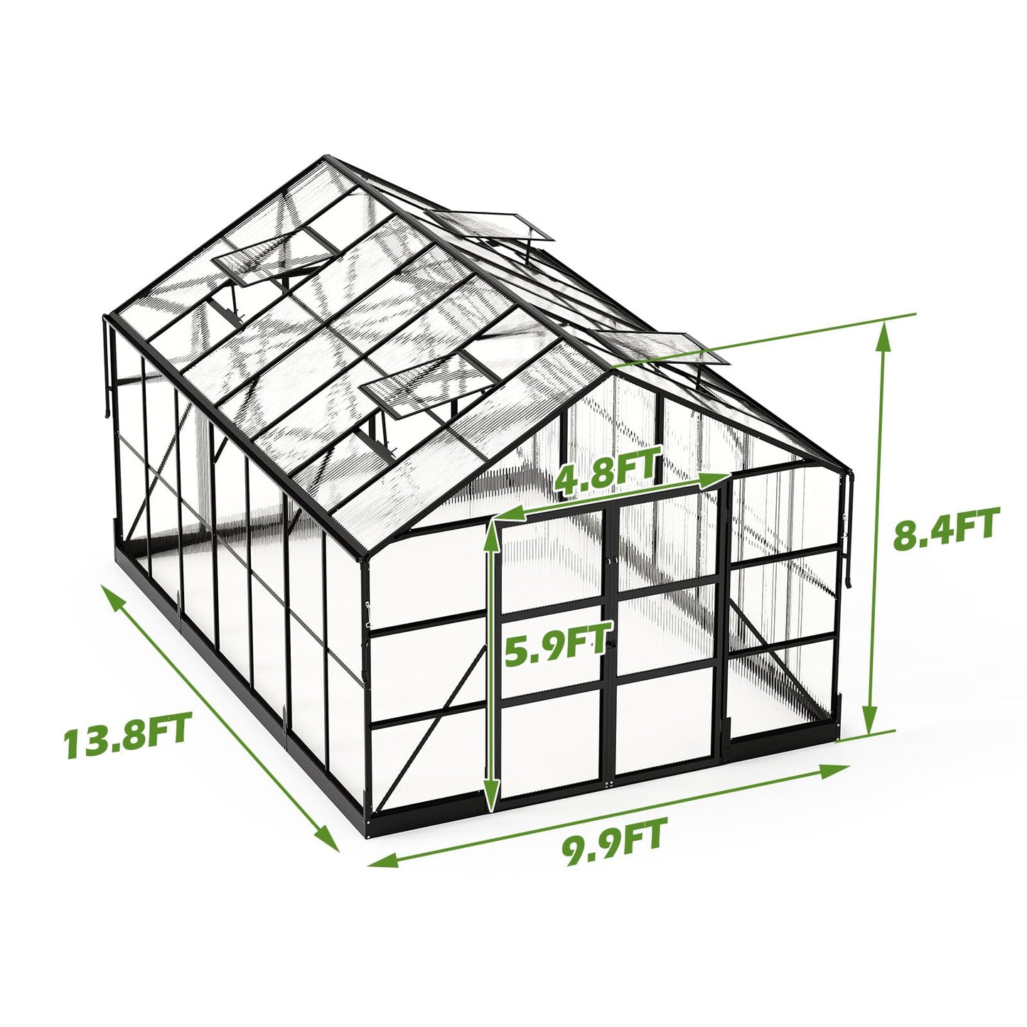 AMERLIFE 10x18x8.4 FT Polycarbonate Greenhouse with 4 Roof Vents & Rain Gutter, Heavy Duty Aluminum Greenhouse for Outdoor Garden Backyard, Black