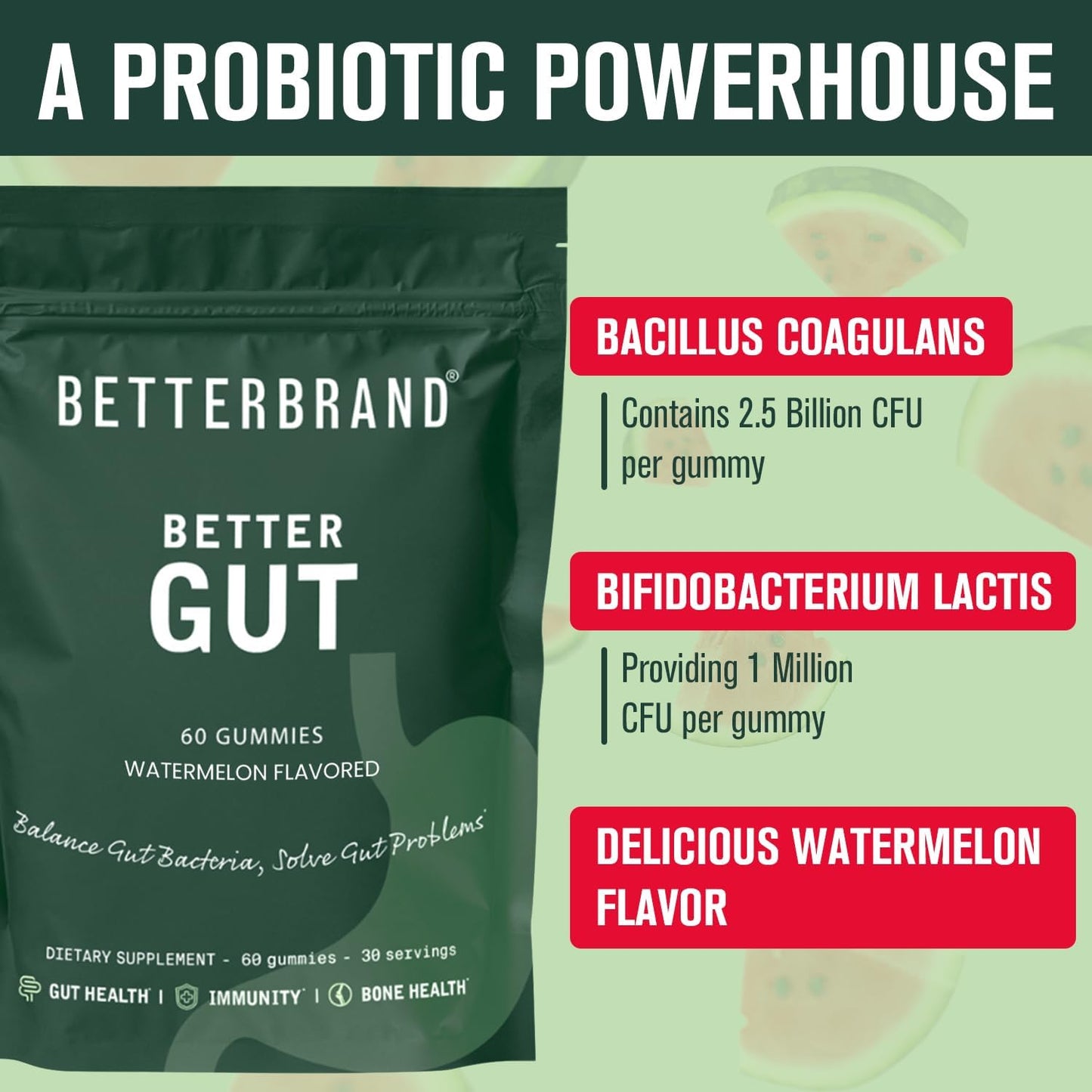 Betterbrand Better Gut Gummy - Probiotics Supplement for Gut Health, Digestive Support, Immunity and Bone Health with 2.5 Billion CFUs - Watermelon Flavor (30 Day Supply)