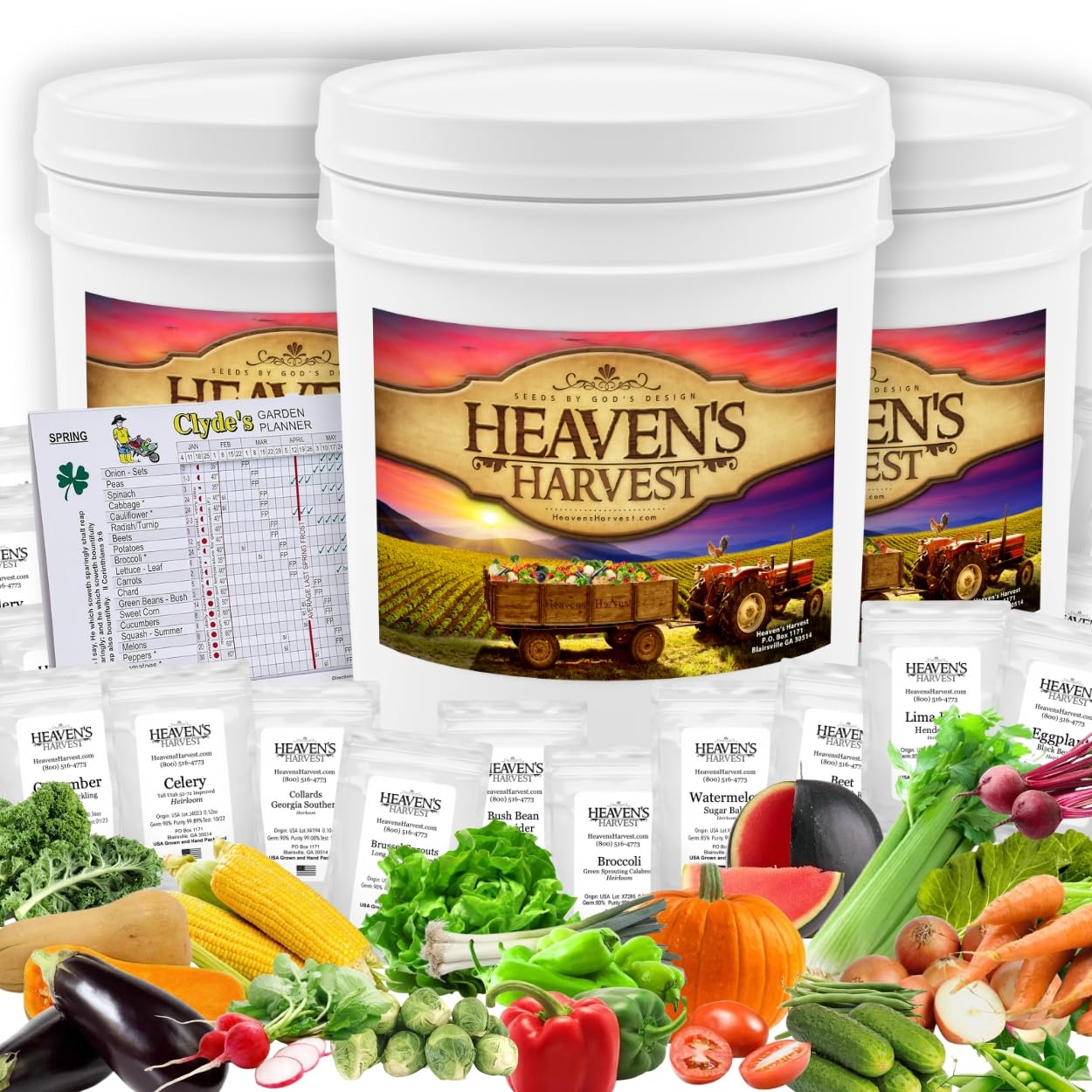 Heaven’s Harvest “10 Year Garden” Survival Seed Bank Kit | Over 25k Non-GMO Heirloom Vegetable Survival Seeds + 2 Free Bonus Items: Clyde’s Garden Planner + Seed Vault Storage Drum for 10 Year Storage