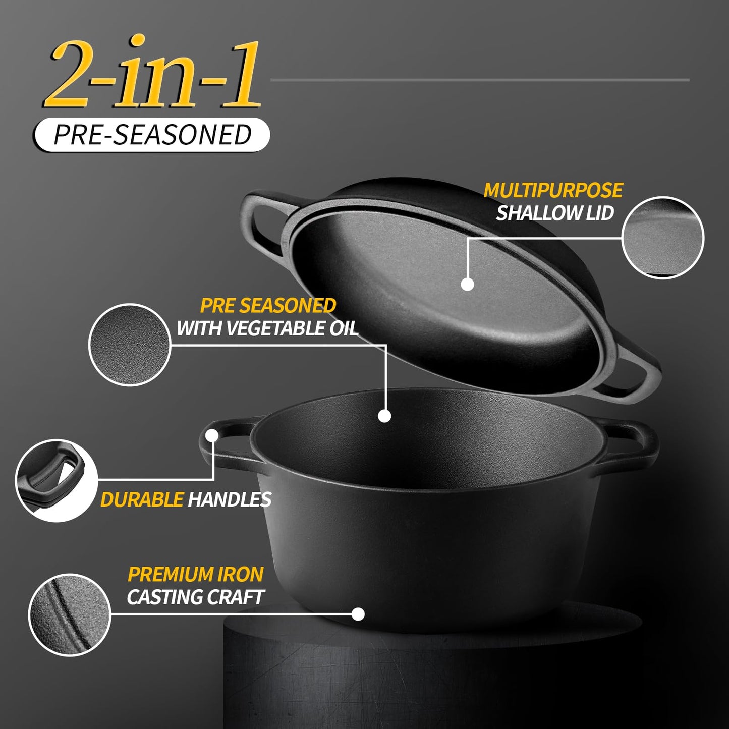 2-in-1 Pre-Seasoned Cast Iron Dutch Oven Pot with Skillet Lid Cooking Pan, Cast Iron Skillet Cookware Pan Set with Dual Handles Indoor Outdoor for Bread, Frying, Baking, Camping, BBQ, 5QT